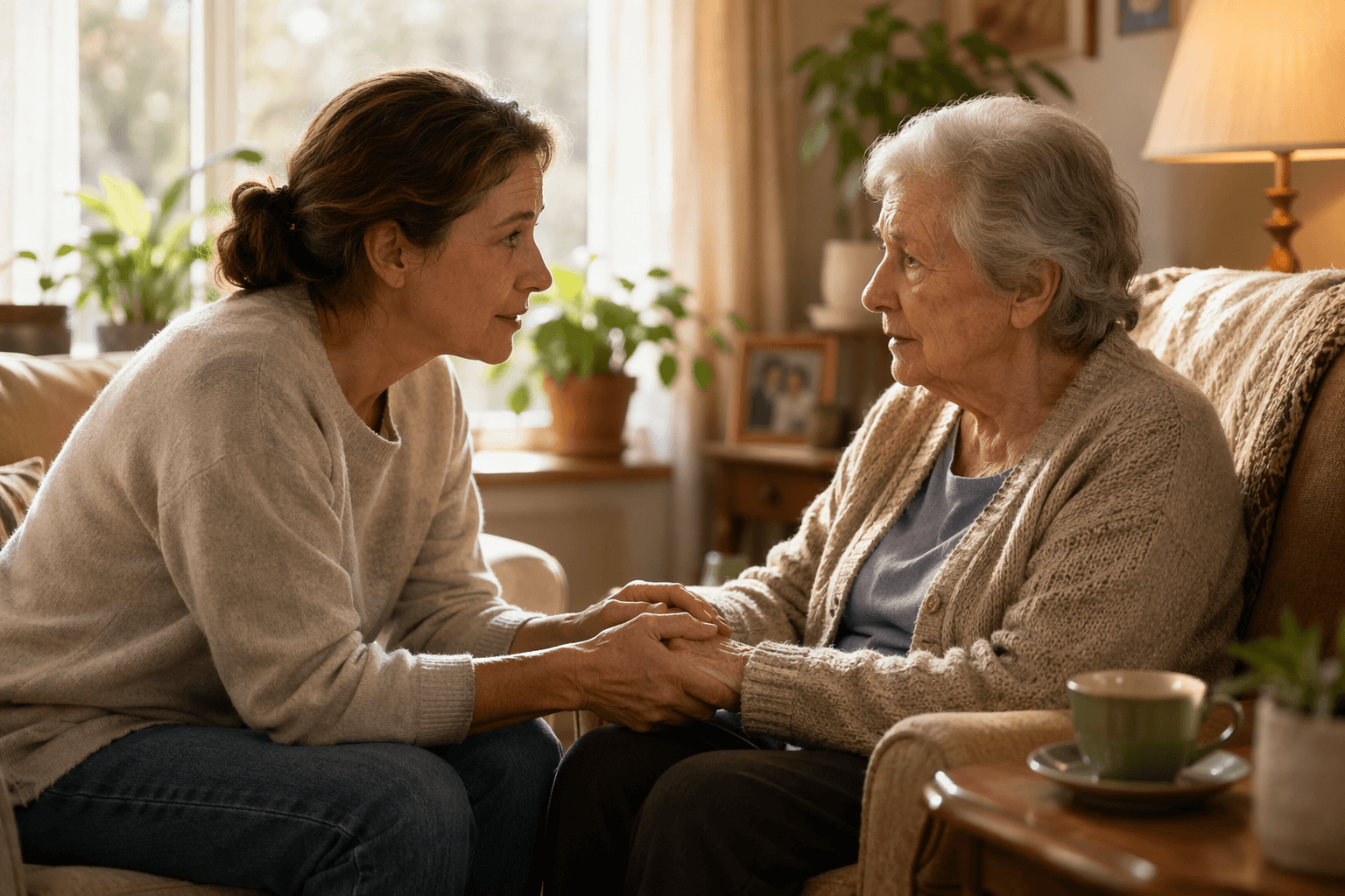 Warm realistic illustration of an adult child sitting knee-to-knee with an elderly parent in a cozy living room, holding their hand gently during a difficult conversation