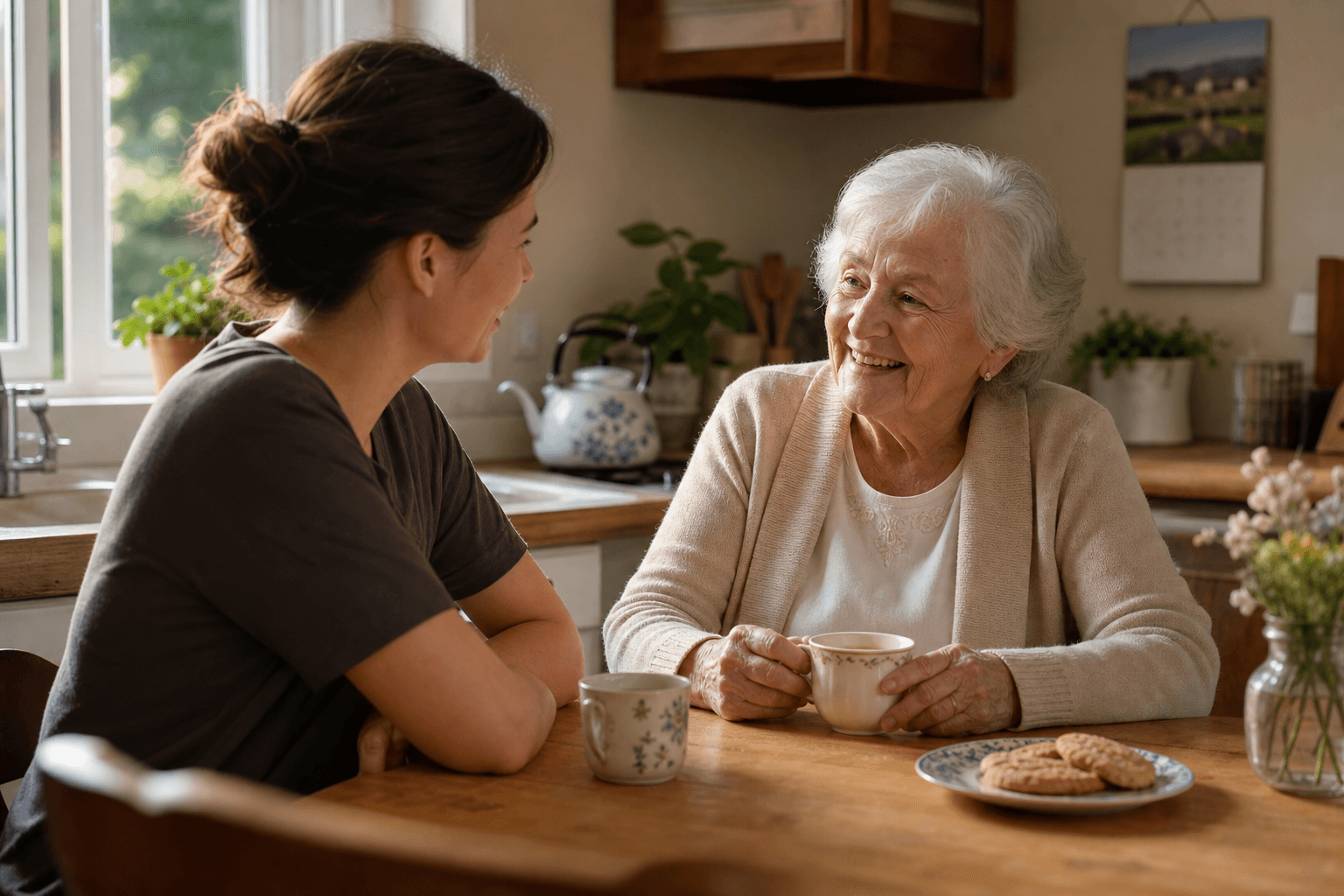 A companion caregiver and an older adult sit at a sunlit home kitchen table, engaged in conversation over tea. The senior smiles warmly, the companion leans in attentively.