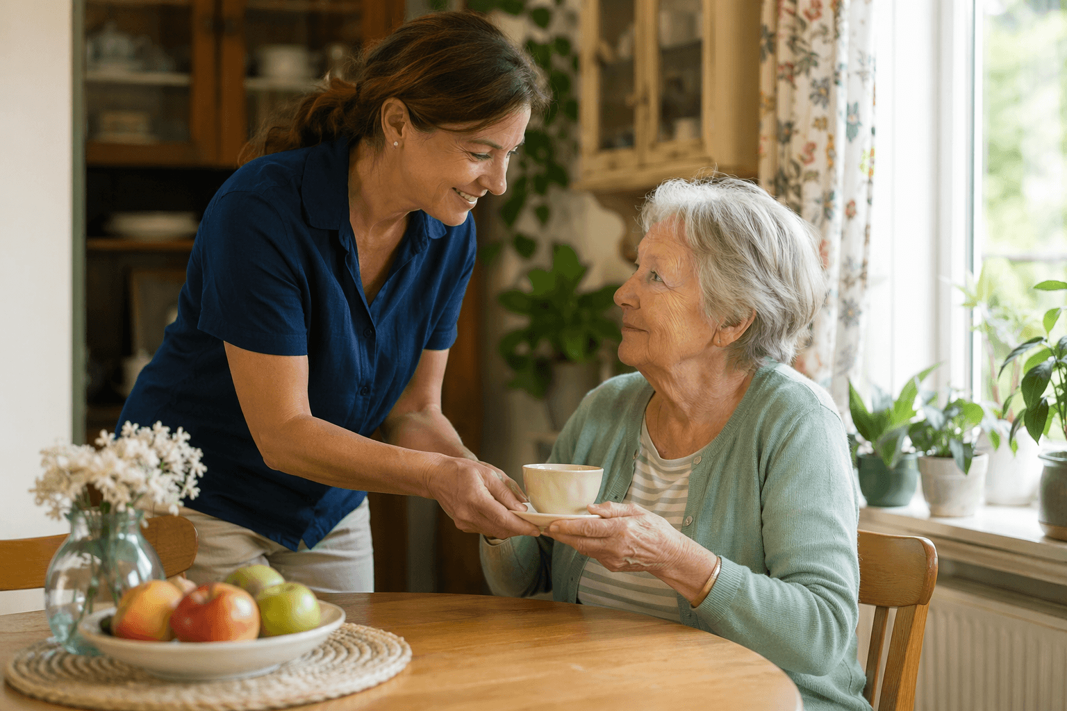 A professional caregiver sits beside an elderly person at a kitchen table with tea, soft daylight from a window, conveying gentle assistance and dignified companionship.
