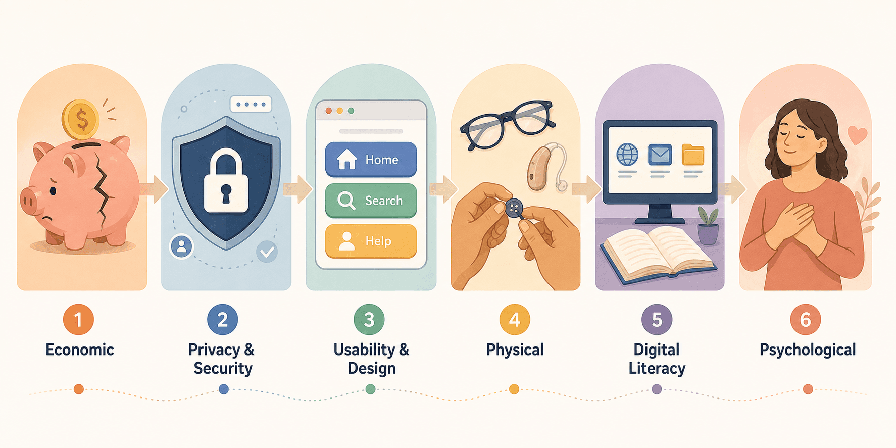 A horizontal six-segment editorial illustration showing interconnected barrier categories: cracked piggy bank for economic, shield with lock for privacy, oversized button interface for usability, glasses and hearing aid for physical, book and screen for digital literacy, and a heart for psychological, connected by soft arrows on a warm-toned background.
