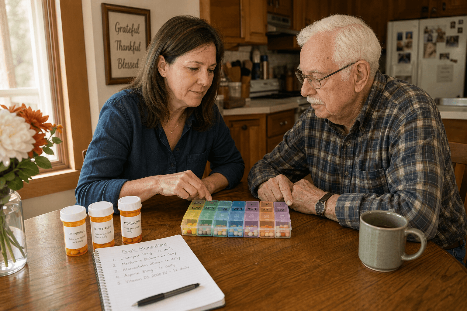 A woman in her late 40s helps an elderly man organize his weekly medications at a kitchen table, with a pill organizer, handwritten medication list, and prescription bottles visible.