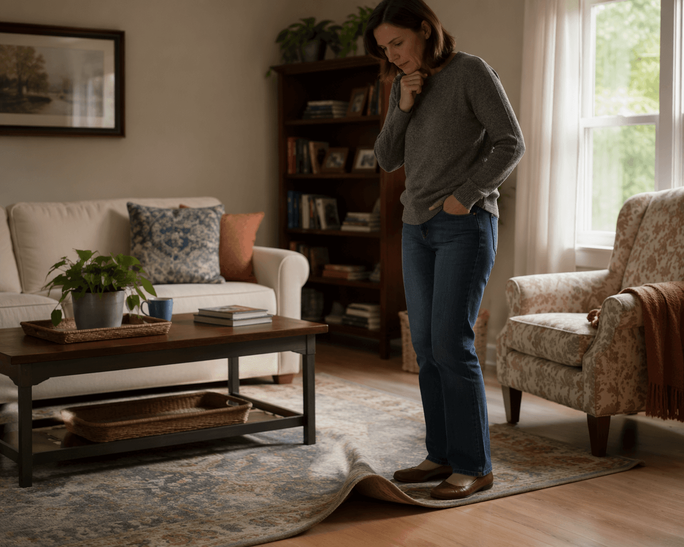 Warm living room with a curled rug edge near a coffee table and a middle-aged woman noticing the tripping hazard
