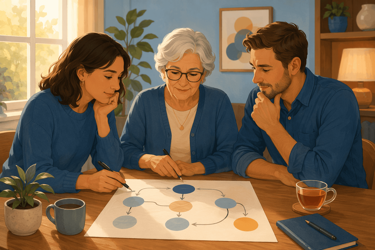 An editorial illustration of an older adult and two adult family members seated around a table with an abstract flowchart of connected circles and arrows in front of them, representing a decision pathway.