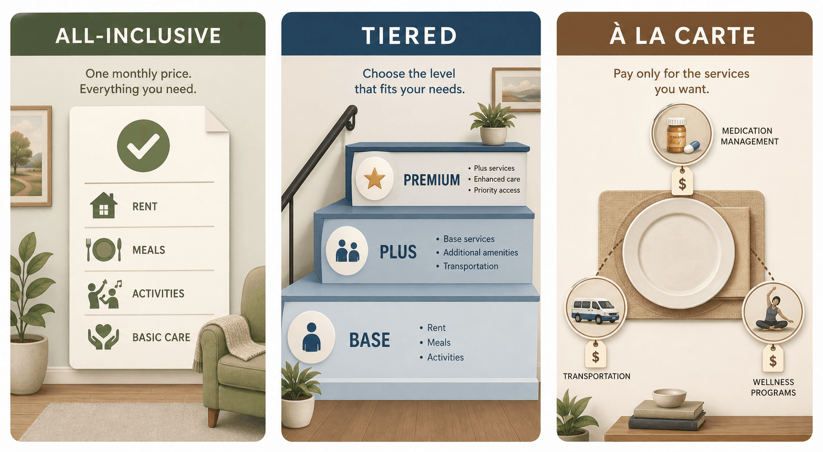 A comparison illustration showing three senior residential pricing models: left panel 'All-Inclusive' with a single bundled monthly bill checkmark; center panel 'Tiered' showing a three-step staircase labeled Base, Plus, and Premium with increasing service icons; right panel 'À La Carte' showing a base plate surrounded by add-on service icons with price tags, all in muted earth tones and soft blues.