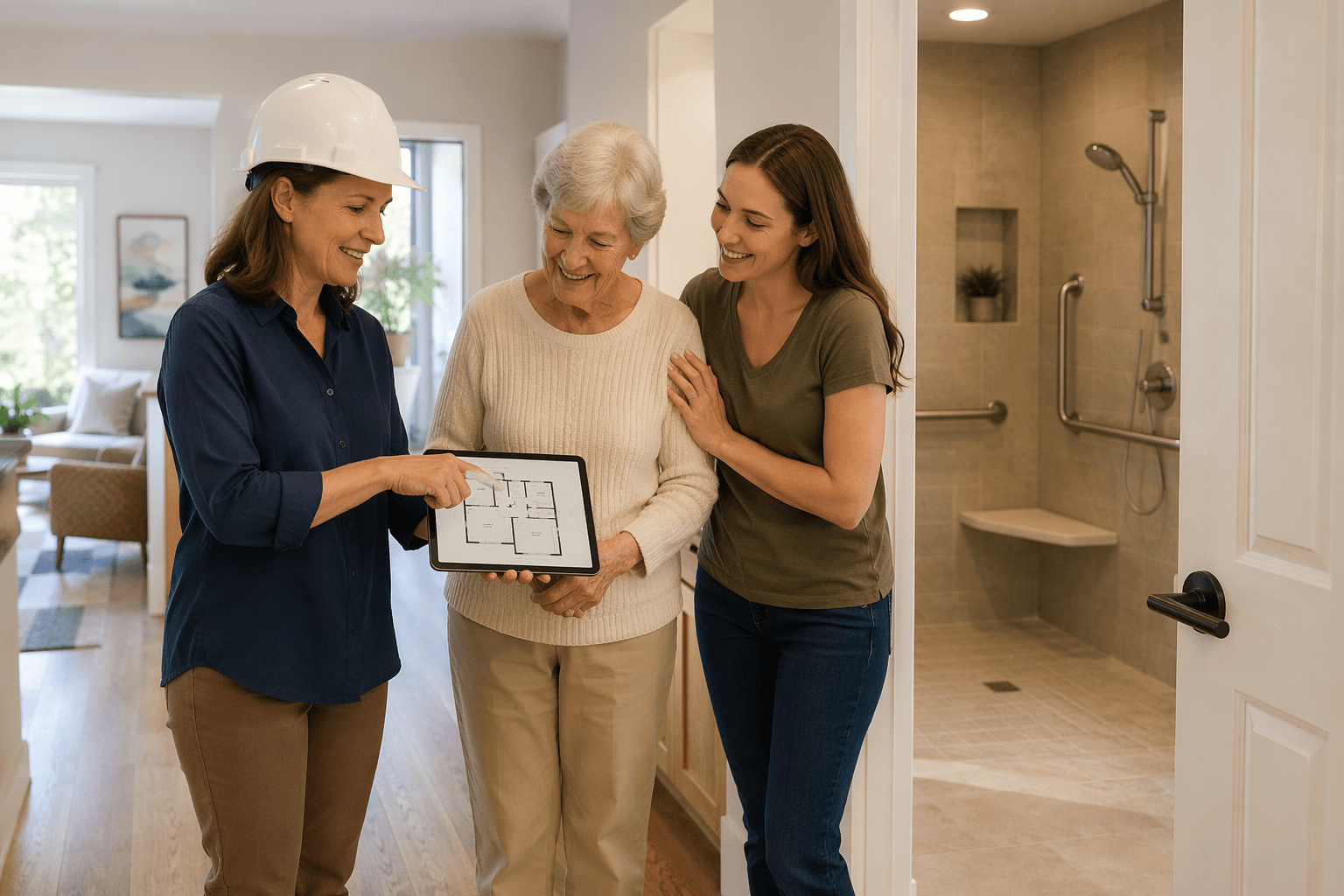 A CAPS-certified professional in a hard hat points at a tablet showing floor plans while an older adult nods approvingly and a younger family caregiver stands nearby looking relieved, set in a bright modern home with a curbless shower, grab bars, widened doorway, and lever-style handles visible in the background