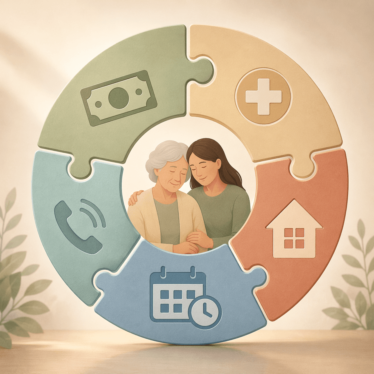 An editorial illustration featuring soft-colored puzzle pieces in sage green, warm beige, terracotta, and soft blue arranged in a circle around simple icons of two figures, with individual puzzle pieces showing symbols for money, healthcare, home, phone, and calendar in a clean modern style.
