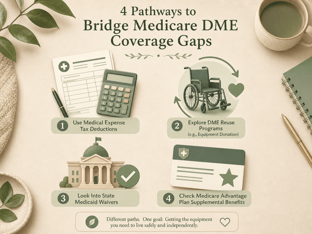 A flat-lay editorial illustration on a warm beige surface showing four strategy icons: a tax form with calculator for medical expense deductions, a recycled mobility device icon for DME reuse programs, a state building with checkmark for Medicaid waivers, and a Medicare Advantage card with star for supplemental benefits, in soft sage green and earth tones.
