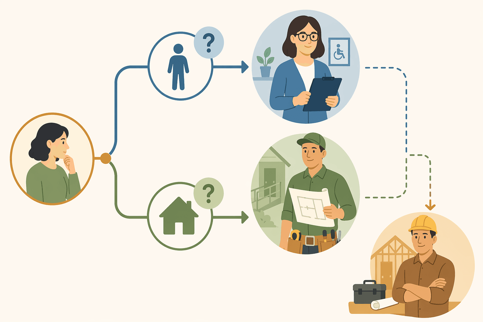 A decision framework illustration showing two branching paths: a person icon pointing to an occupational therapist for mobility and function questions, and a house icon pointing to a CAPS specialist for home structure questions. A general contractor icon is positioned below both paths.