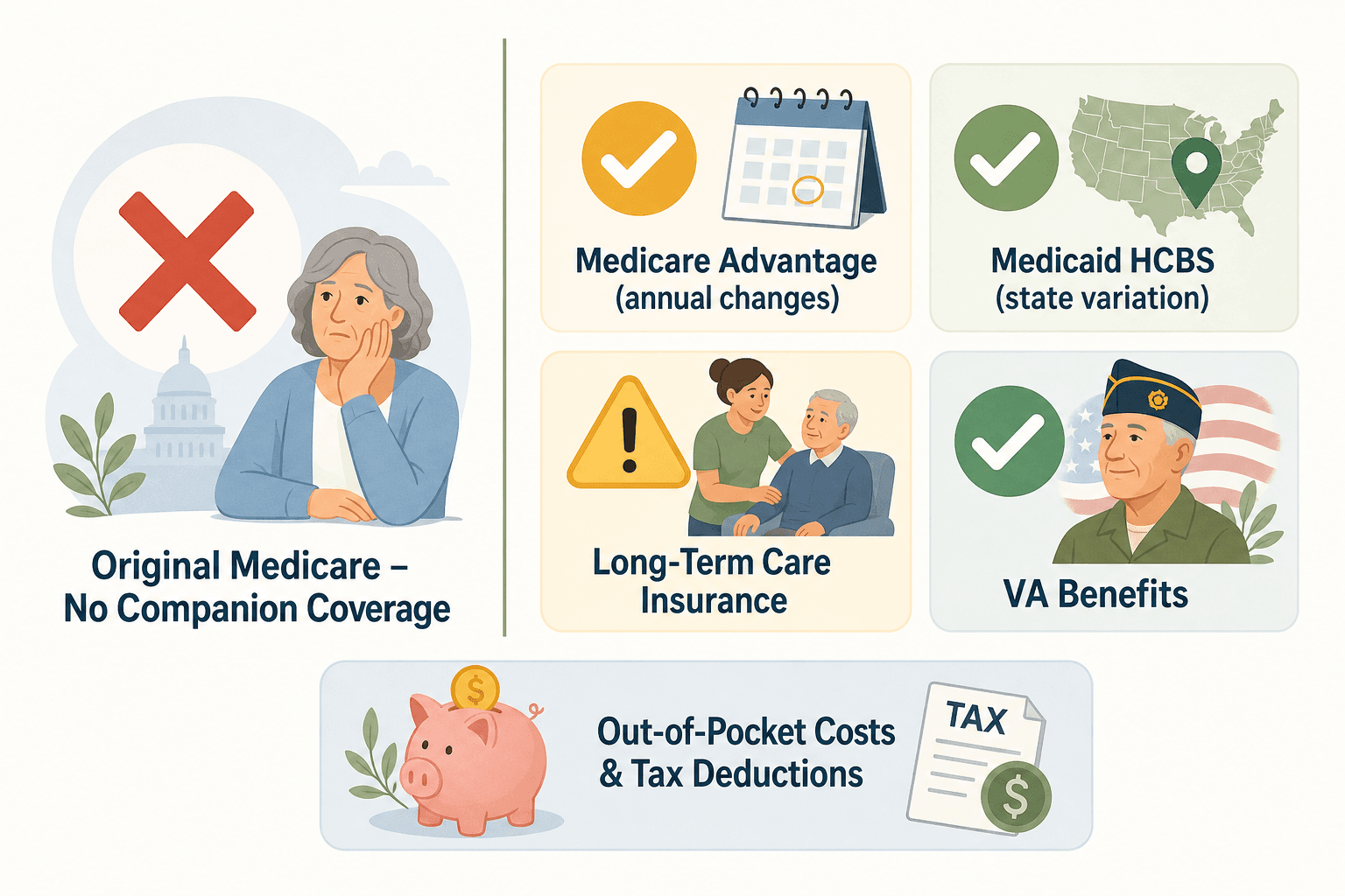 An editorial illustration comparing payment programs for companion care: Original Medicare shows a red X, Medicare Advantage shows a checkmark with a calendar icon, Medicaid HCBS shows a checkmark with a map pin, LTC insurance shows a caution triangle, VA benefits show a checkmark, and out-of-pocket costs show a piggy bank.