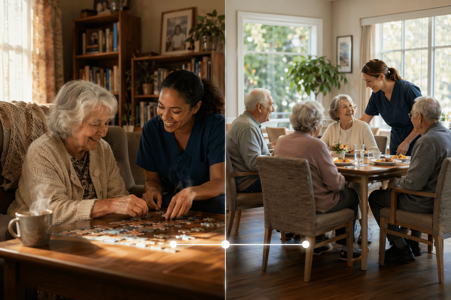 Split-composition documentary photograph showing a warm living room scene on the left with an elderly person and a caregiver doing a puzzle at a wooden table with a steaming mug, and on the right a bright assisted living dining room with several seniors at a table with a staff member nearby, with a faint visual connector at the bottom center.