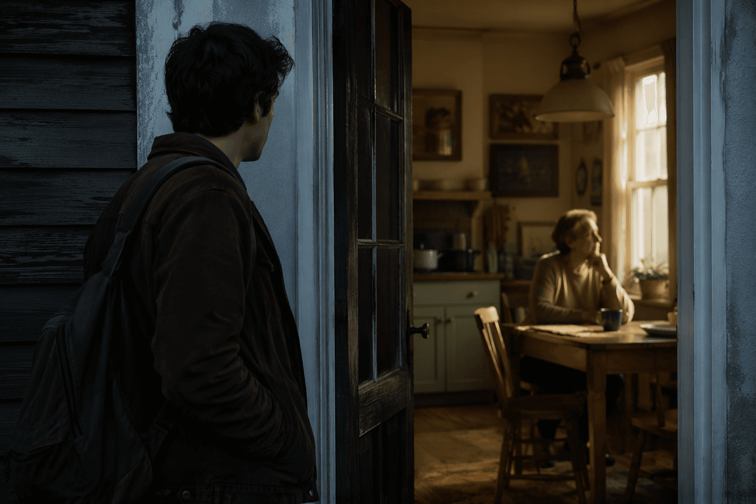 Adult child standing at a home doorway while an older parent sits alone at a kitchen table