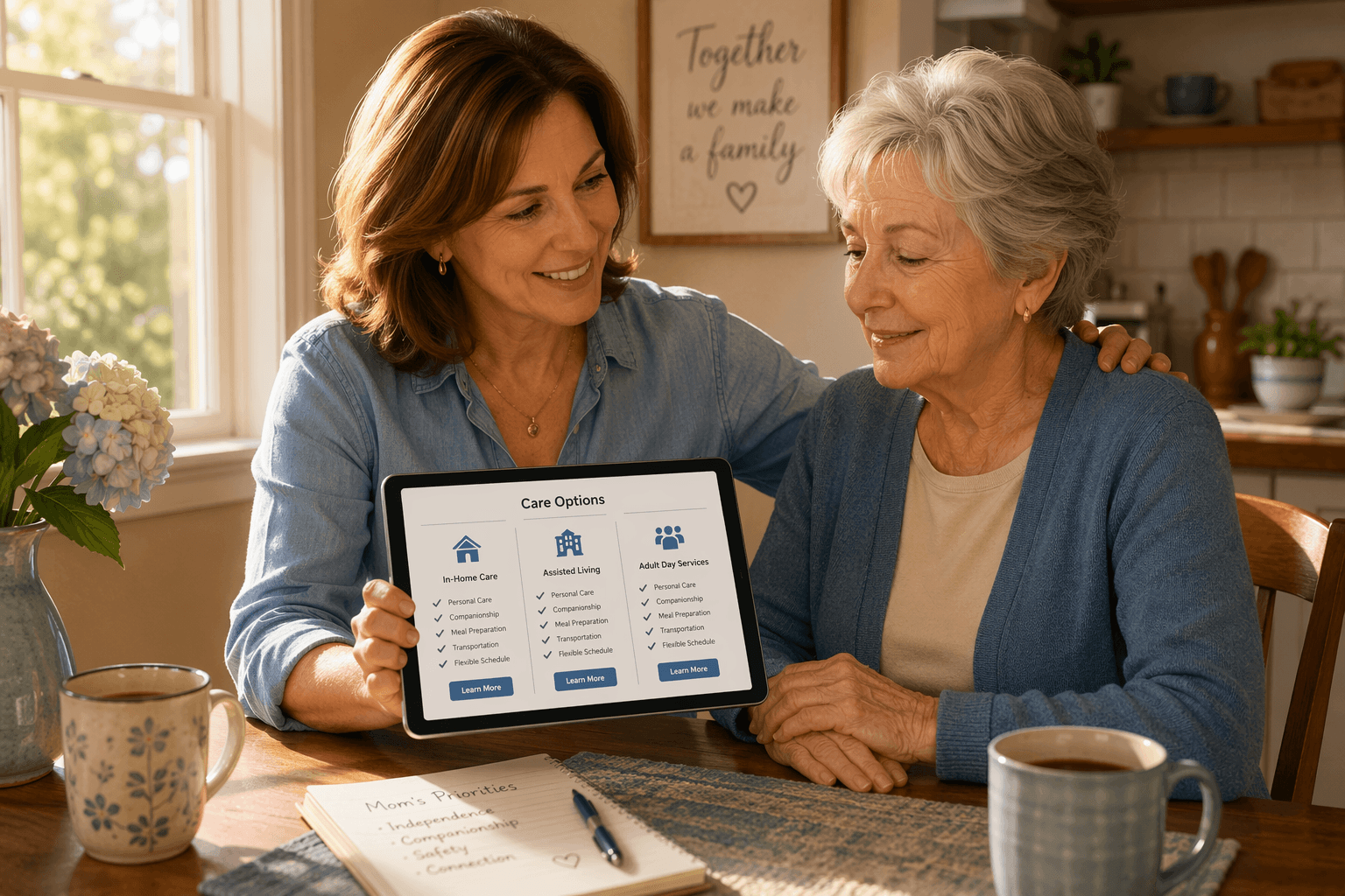A warm realistic illustration of a middle-aged adult daughter sitting at a sunlit kitchen table with her elderly mother, gently showing her a tablet while resting a hand on her shoulder.