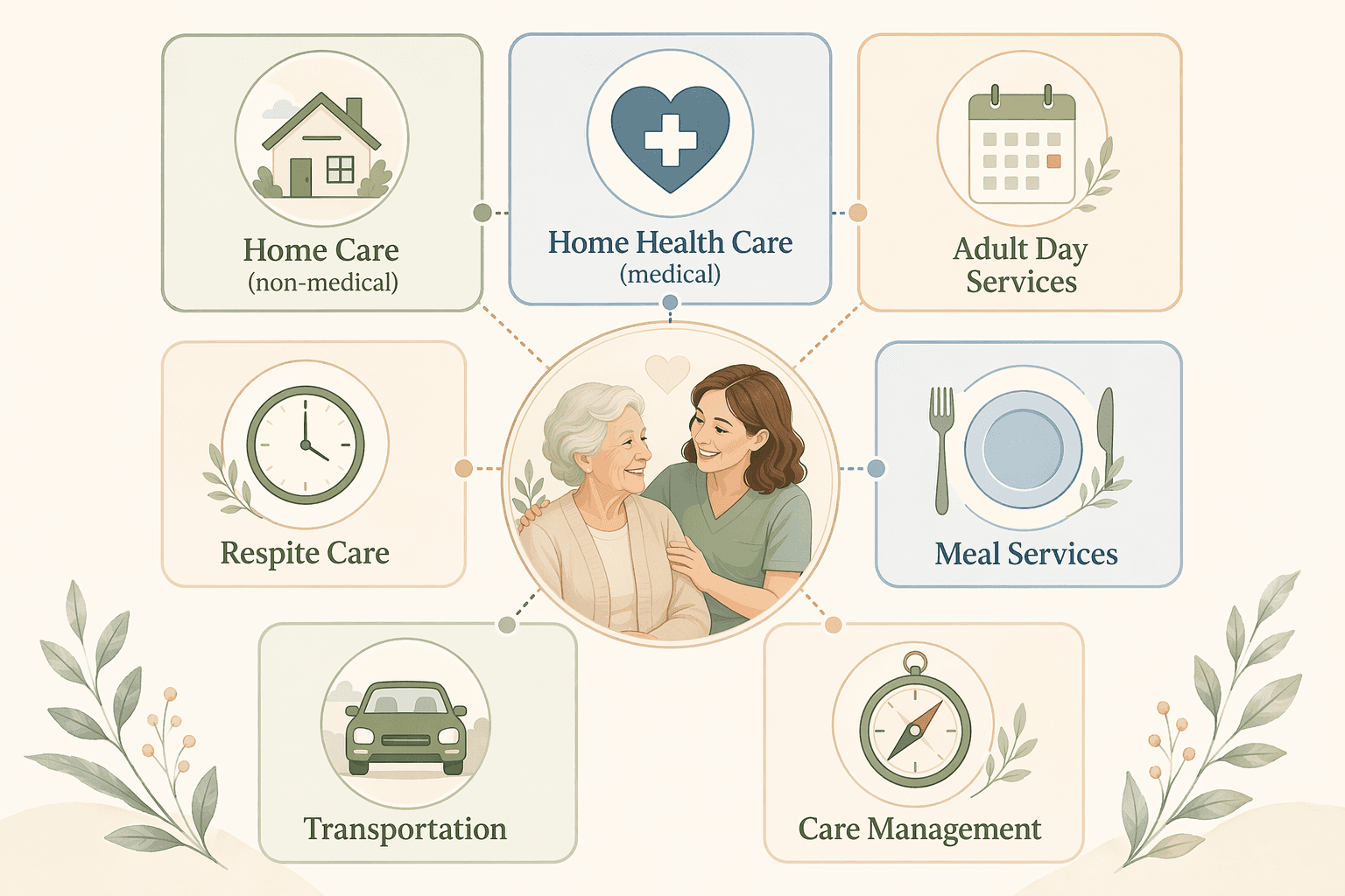 Seven labeled panels arranged in a clean editorial layout, each with a simple icon: a house for Home Care, a heart for Home Health Care, a calendar for Adult Day Services, a clock for Respite Care, a plate for Meal Services, a car for Transportation, and a compass for Care Management.