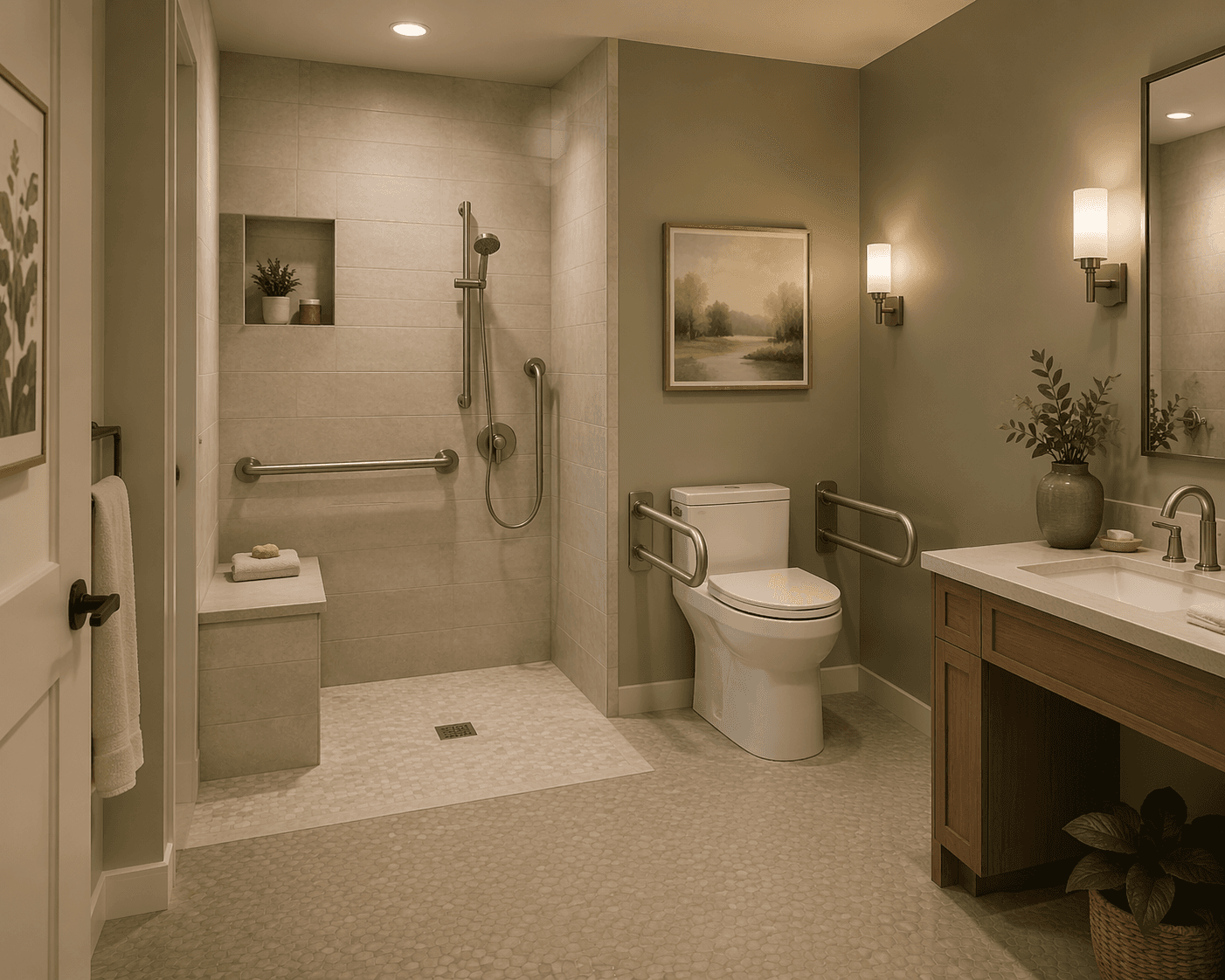 An accessible bathroom with a walk-in shower, built-in tiled bench, grab bars, handheld shower head, raised toilet with grab bars, wide doorway, and non-slip flooring in warm neutral tones.