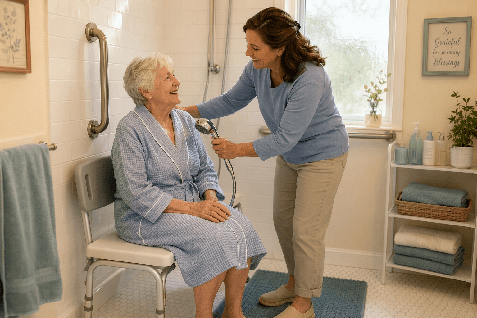 A warm, well-lit bathroom with soft natural light from a frosted window. An older woman in her 70s sits calmly on a shower chair in a beige-and-blue bathroom, holding a handheld showerhead. An adult daughter in her 40s stands beside her, gently assisting. A chrome grab bar is mounted on the beige tiled wall, a non-slip mat lies on the floor, and toiletry bottles are within arm's reach on a corner caddy. The mood is calm, dignified, and safe.