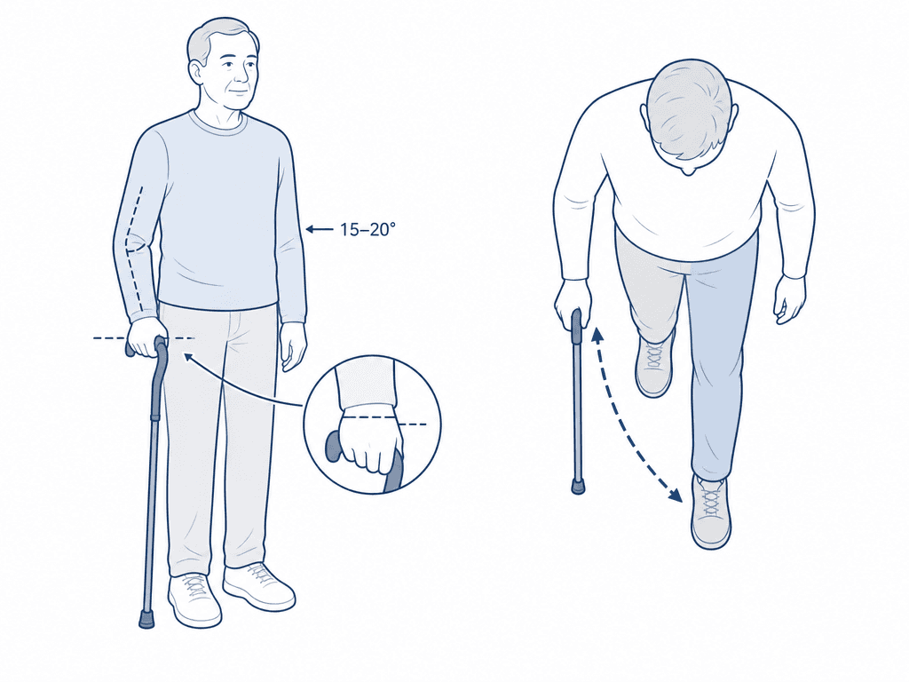 Two educational diagrams: left shows a standing figure with callout arrows indicating the cane top aligns with the wrist crease and the elbow is at a 15-20 degree bend; right shows a top-down walking figure with the cane in the opposite hand to the weak leg.