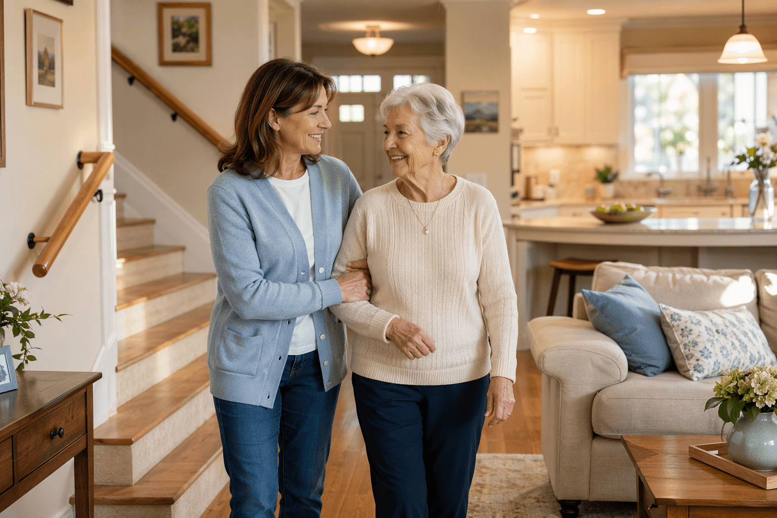 An adult daughter in her 40s-50s walks through a sunlit living room with her older mother, both smiling and talking naturally. The home has warm wood tones, cream walls, and soft blue accents. In the background, a wooden handrail is visible on the staircase, and the living area has clear walkways, good ambient lighting, and an ergonomic kitchen counter. The scene conveys warmth, capability, and dignity.