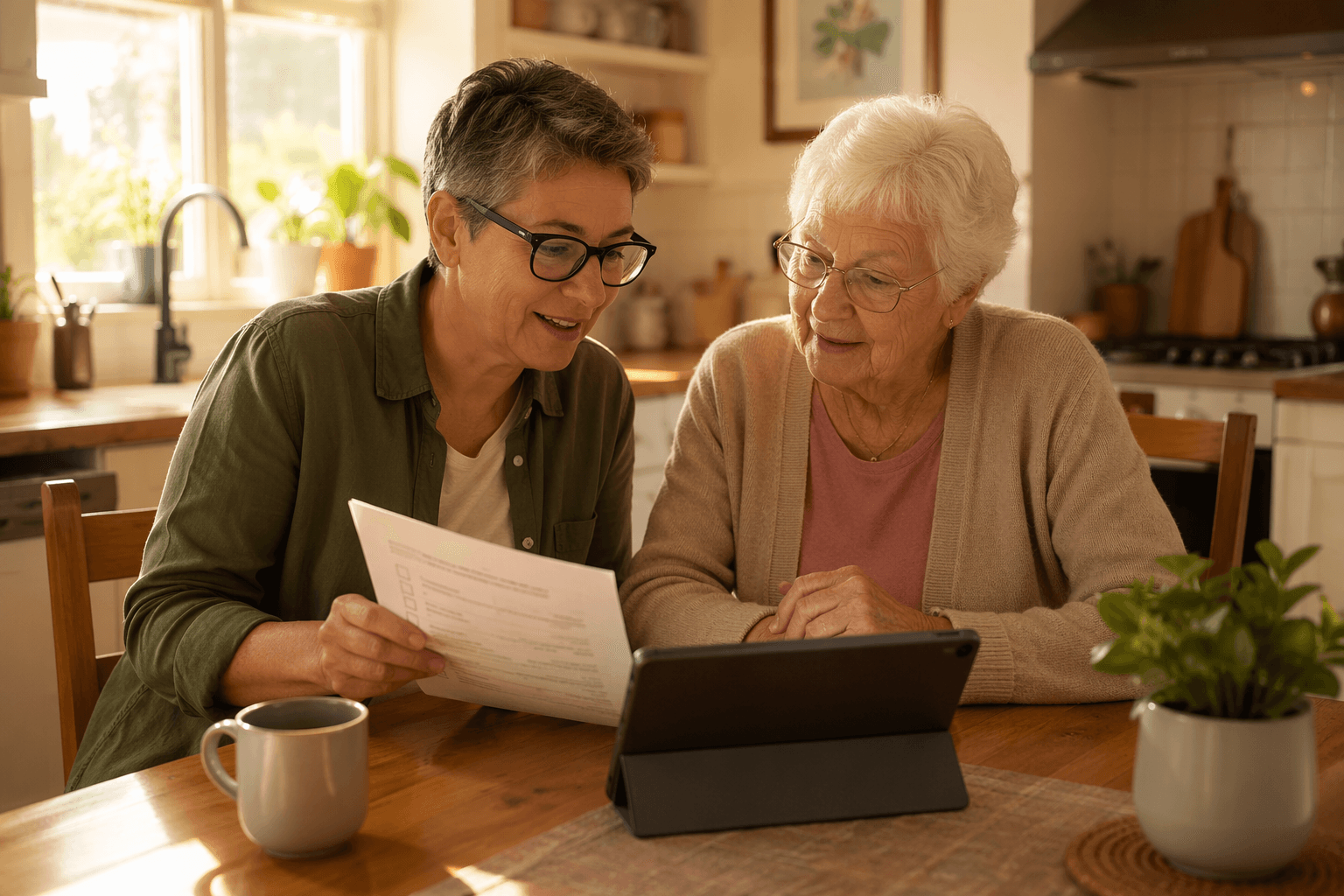 A middle-aged adult and an elderly parent sit together at a warm home kitchen table, looking at a paper checklist and a tablet. Golden sunlight streams through a window. A coffee mug and a small potted plant are on the table. The scene conveys calm partnership and collaboration.