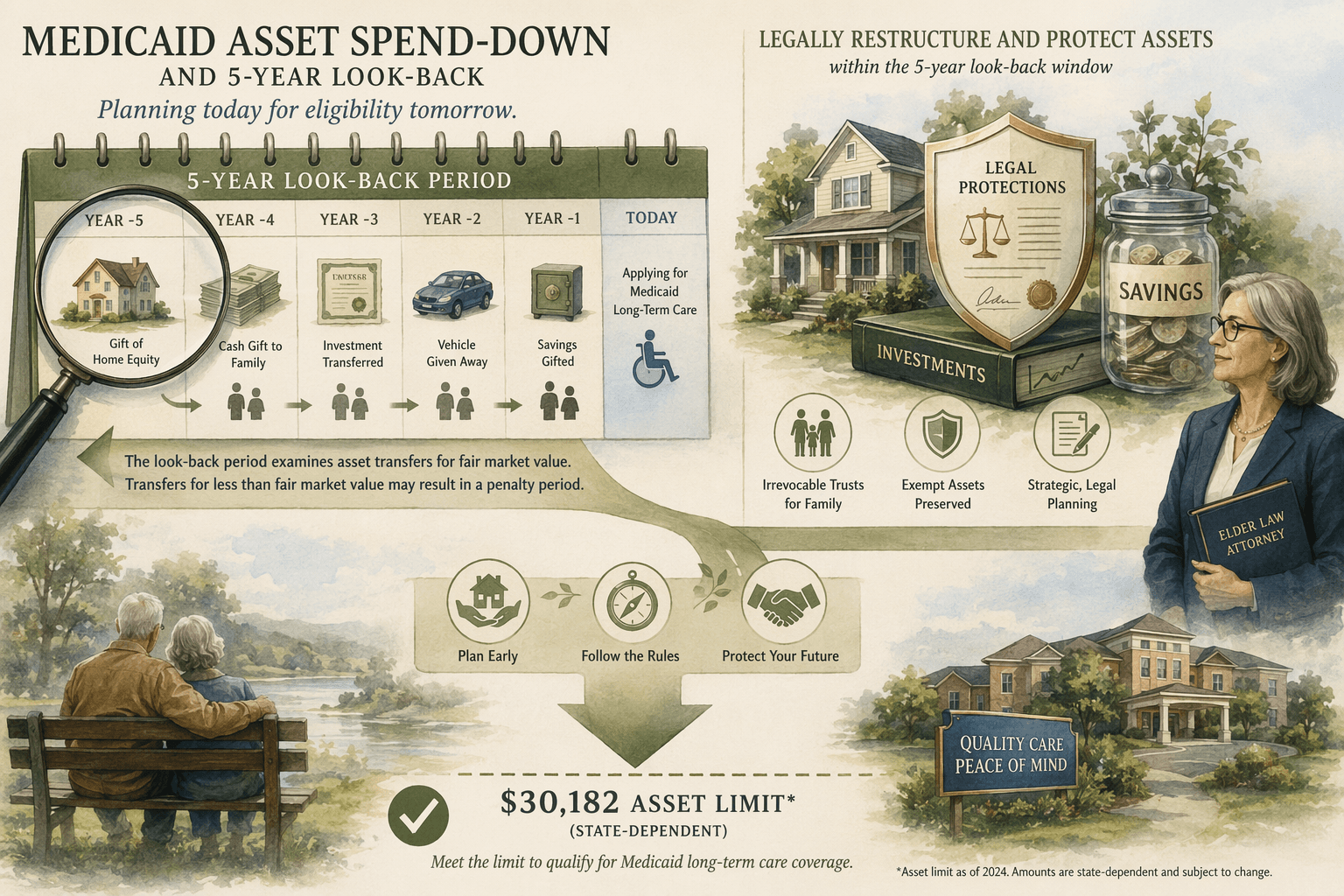An editorial illustration showing the Medicaid asset spend-down and 5-year look-back concept: a calendar timeline with a magnifying glass scanning backward over asset transfers, home and savings icons being shielded behind a legal document icon, and a target line marked '$30,182 asset limit' with a downward arrow showing assets reducing toward eligibility