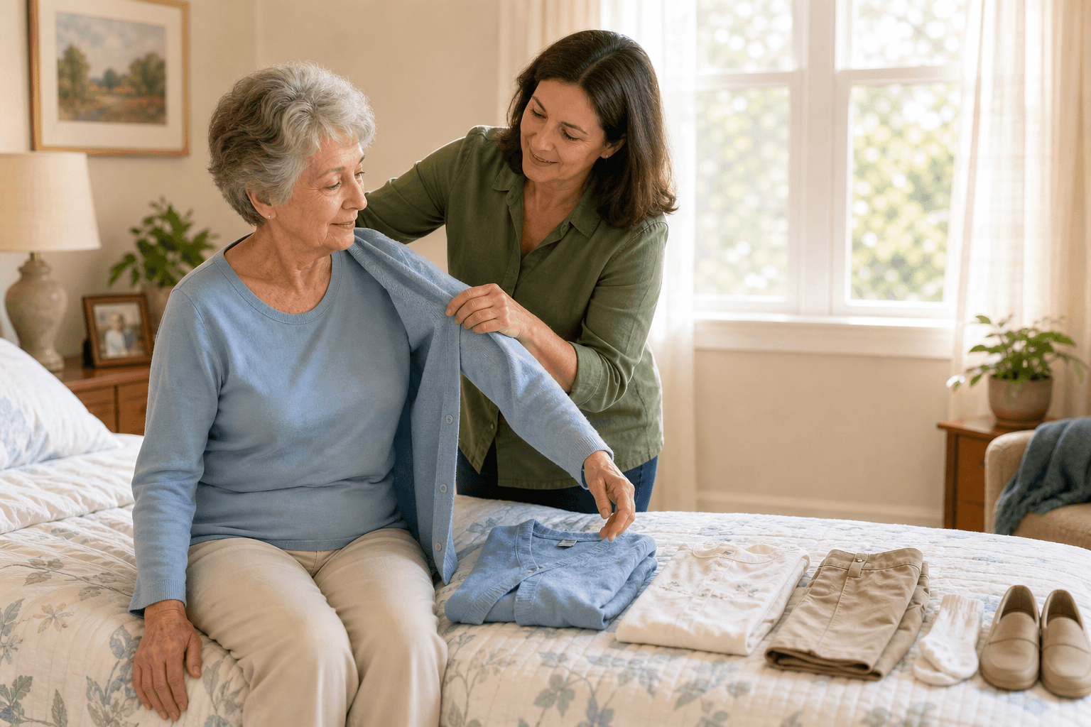 A middle-aged adult daughter gently assists her older mother with getting dressed in a sunlit bedroom. The mother sits on the edge of a bed with clothes laid out beside her in sequence.