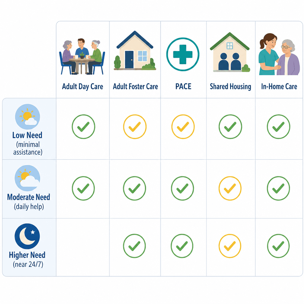 A clean decision matrix chart with three care need levels on the left axis (Low, Moderate, Higher) and five alternative icons across the top (Adult Day Care, Adult Foster Care, PACE, Shared Housing, In-Home Care), using green checkmarks and yellow partial-fit indicators in the matching grid cells on a white background with soft blue and green accents.