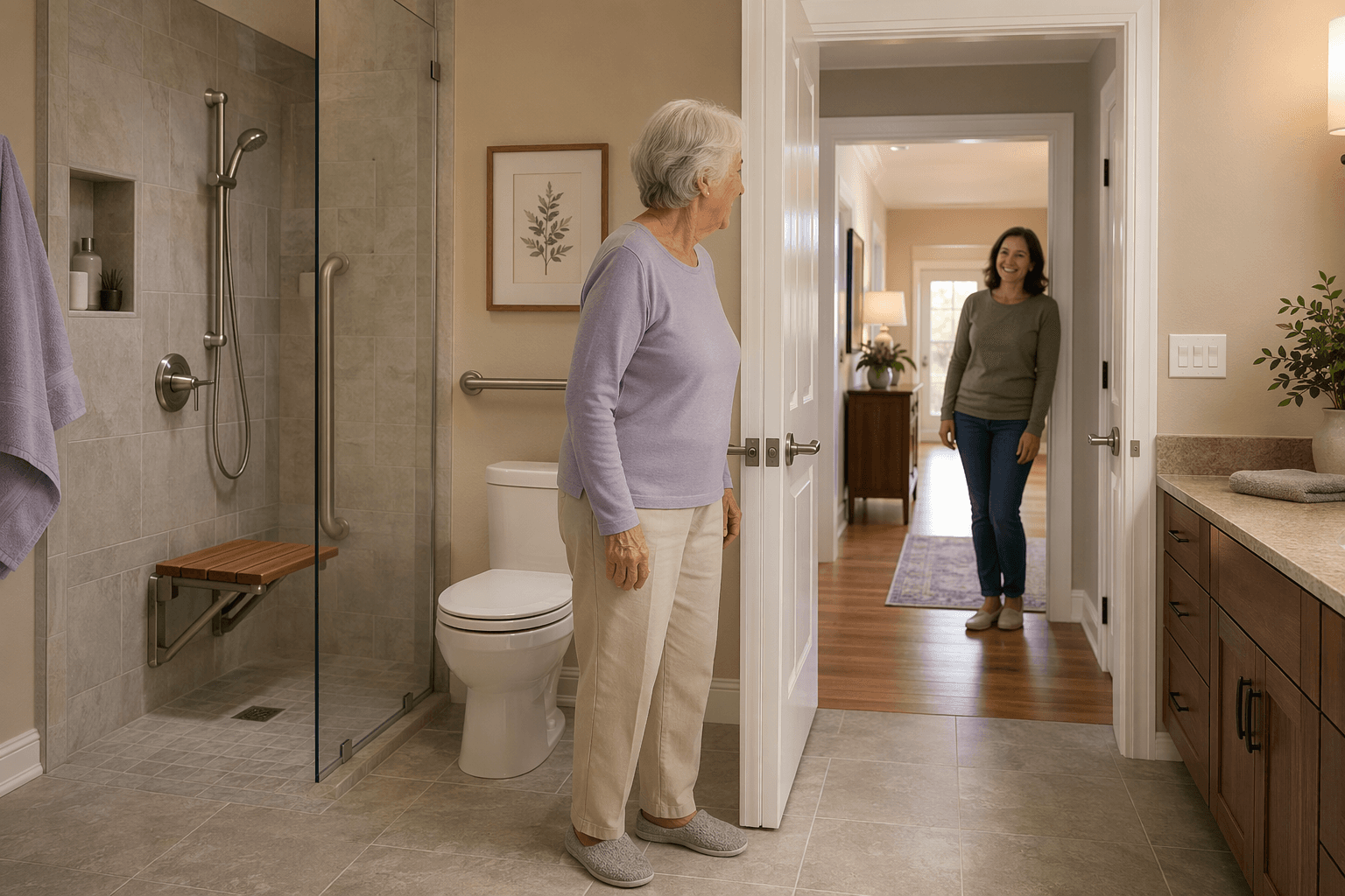 A warm residential bathroom with a curbless zero-entry shower, teak fold-down seat, brushed nickel grab bar, and comfort-height toilet. An adult child stands in the adjacent hallway near a wider doorway with lever-style handles.