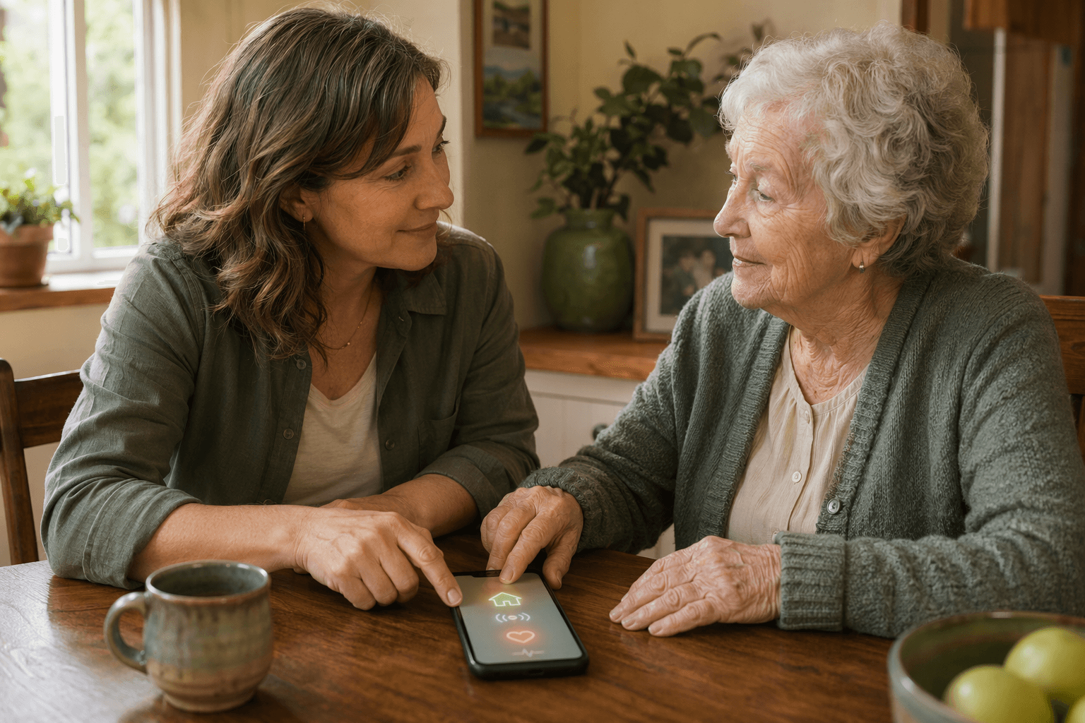 An adult child and aging parent seated at a warm wooden kitchen table having a calm conversation. Both have hands on or near a smartphone on the table that glows softly with abstract sensor icons.