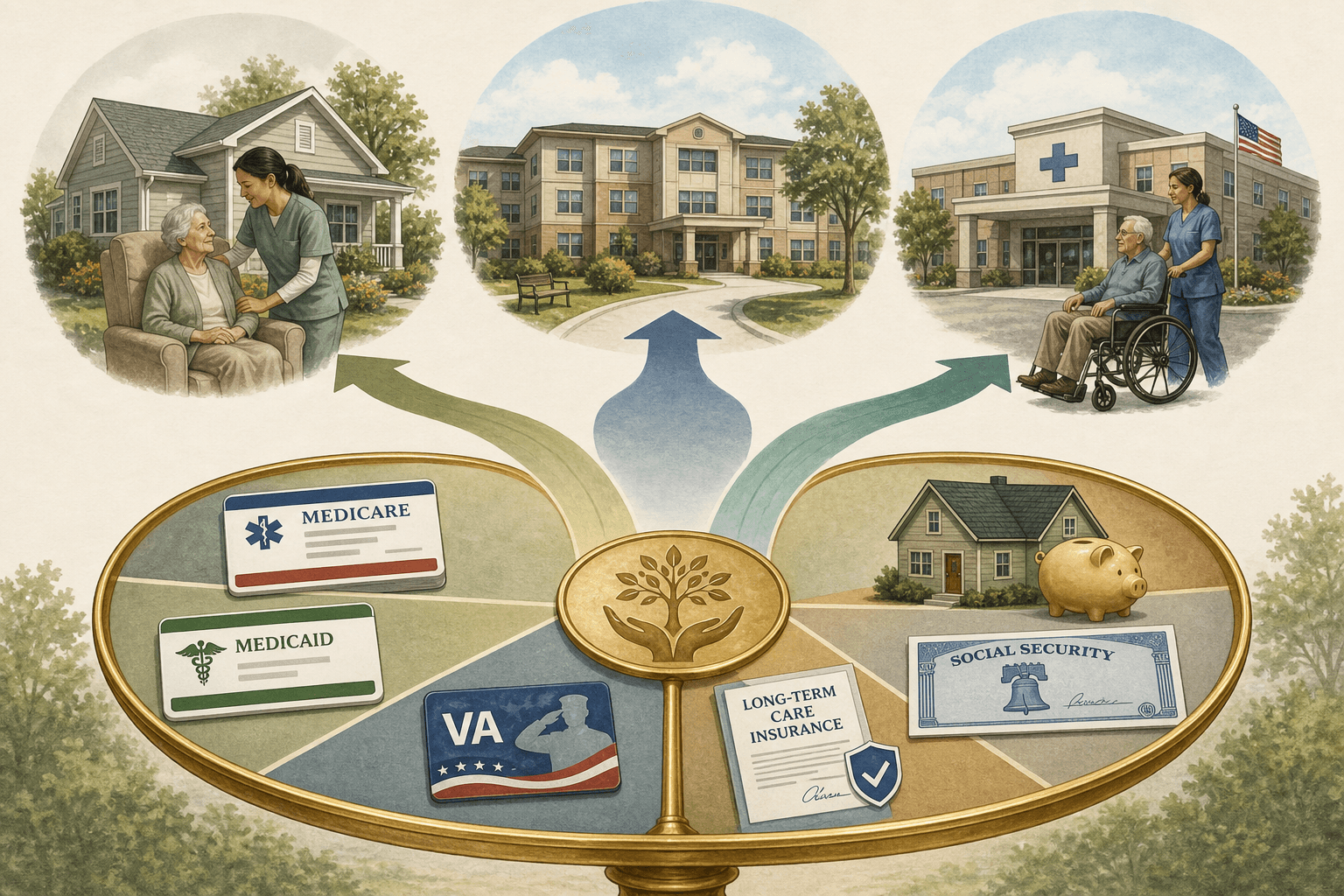 An editorial illustration showing a hybrid funding strategy: three care setting icons (home care, assisted living, nursing home) at the top, with multiple funding sources flowing upward — Medicare card, Medicaid card, VA benefits icon, LTC insurance policy, Social Security check, and personal savings — arranged in a balanced composition against warm sage green and blue tones