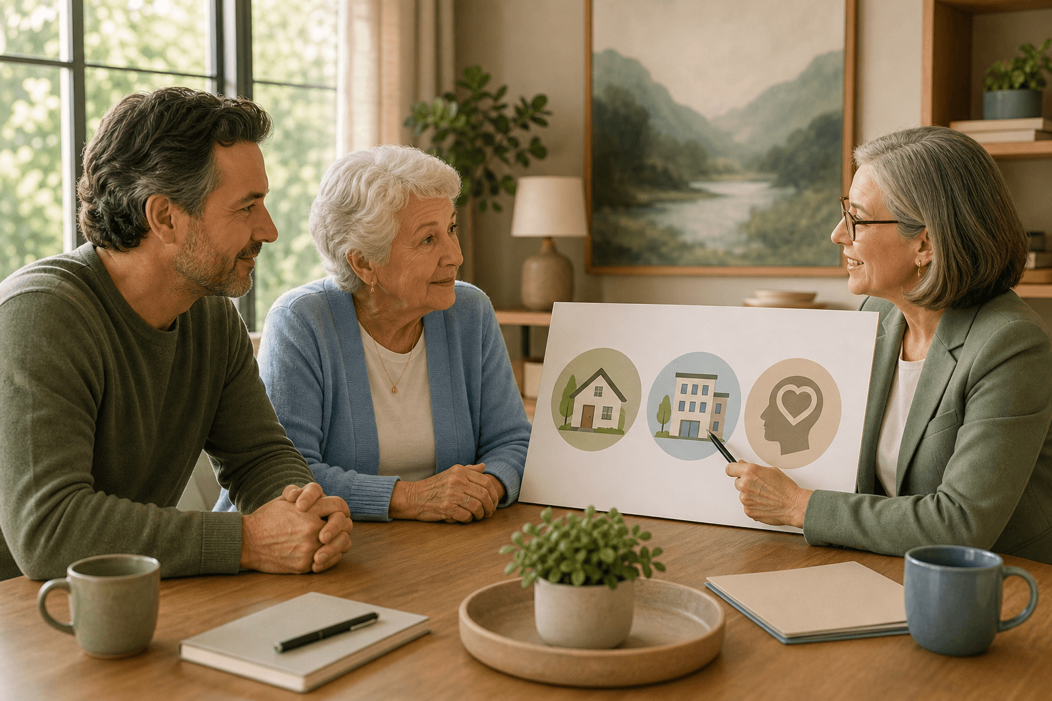 An adult child and their aging parent sit at a table with a senior care advisor who points to a visual board showing three care option icons: in-home care, assisted living, and memory care, with natural daylight in a calm room.