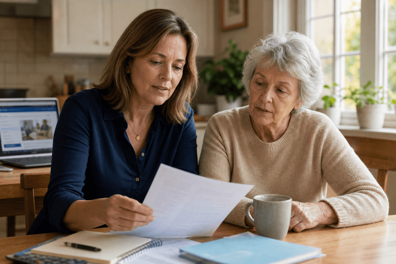 An adult woman in her late 40s sits at a kitchen table beside an elderly parent, both calmly reviewing a printed document together in morning light.