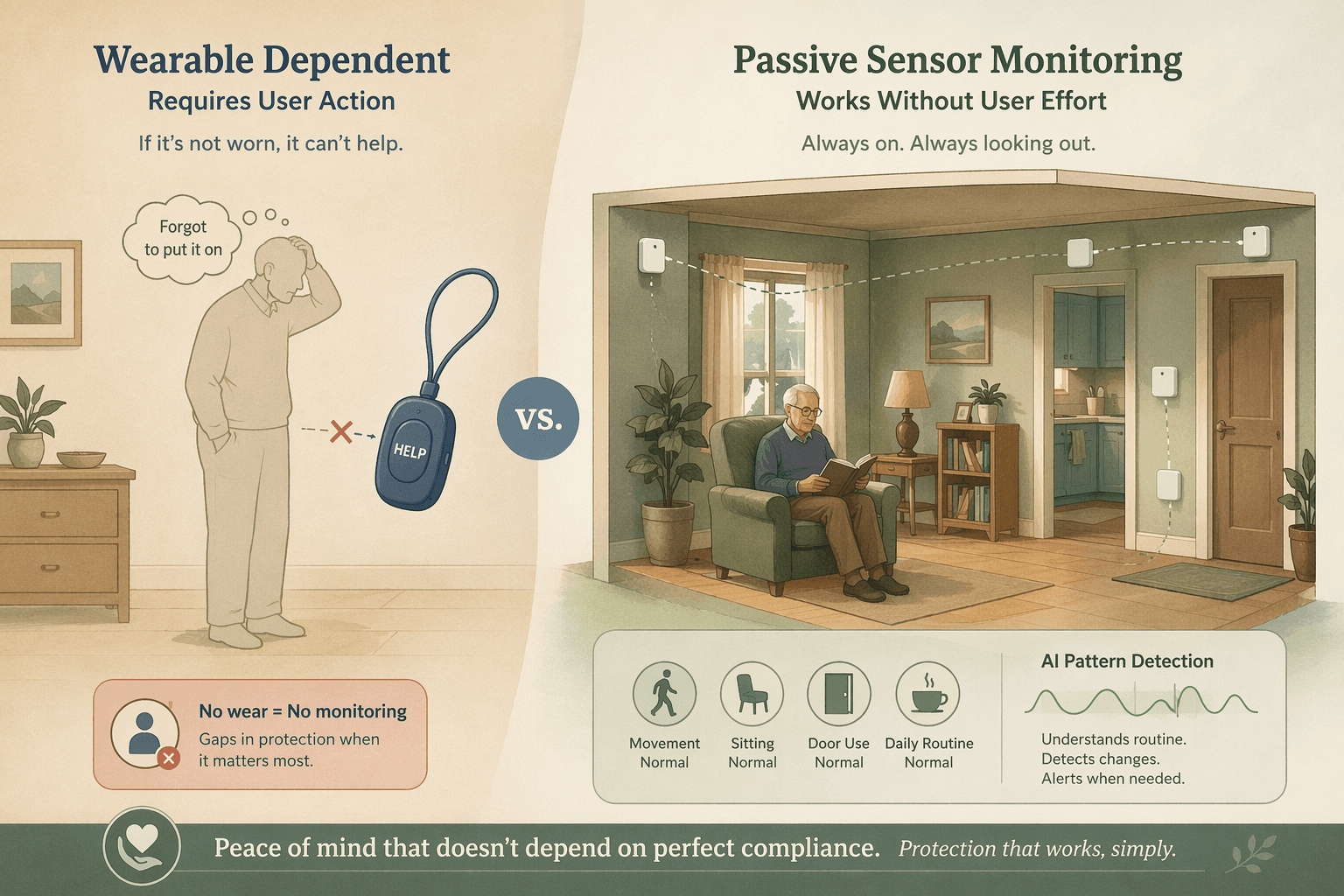 Side-by-side editorial illustration comparing wearable monitoring and passive monitoring: left side shows a pendant floating disconnected from a person outline with a red X, right side shows a room with discreet wall sensors and a seated person with green activity indicators.