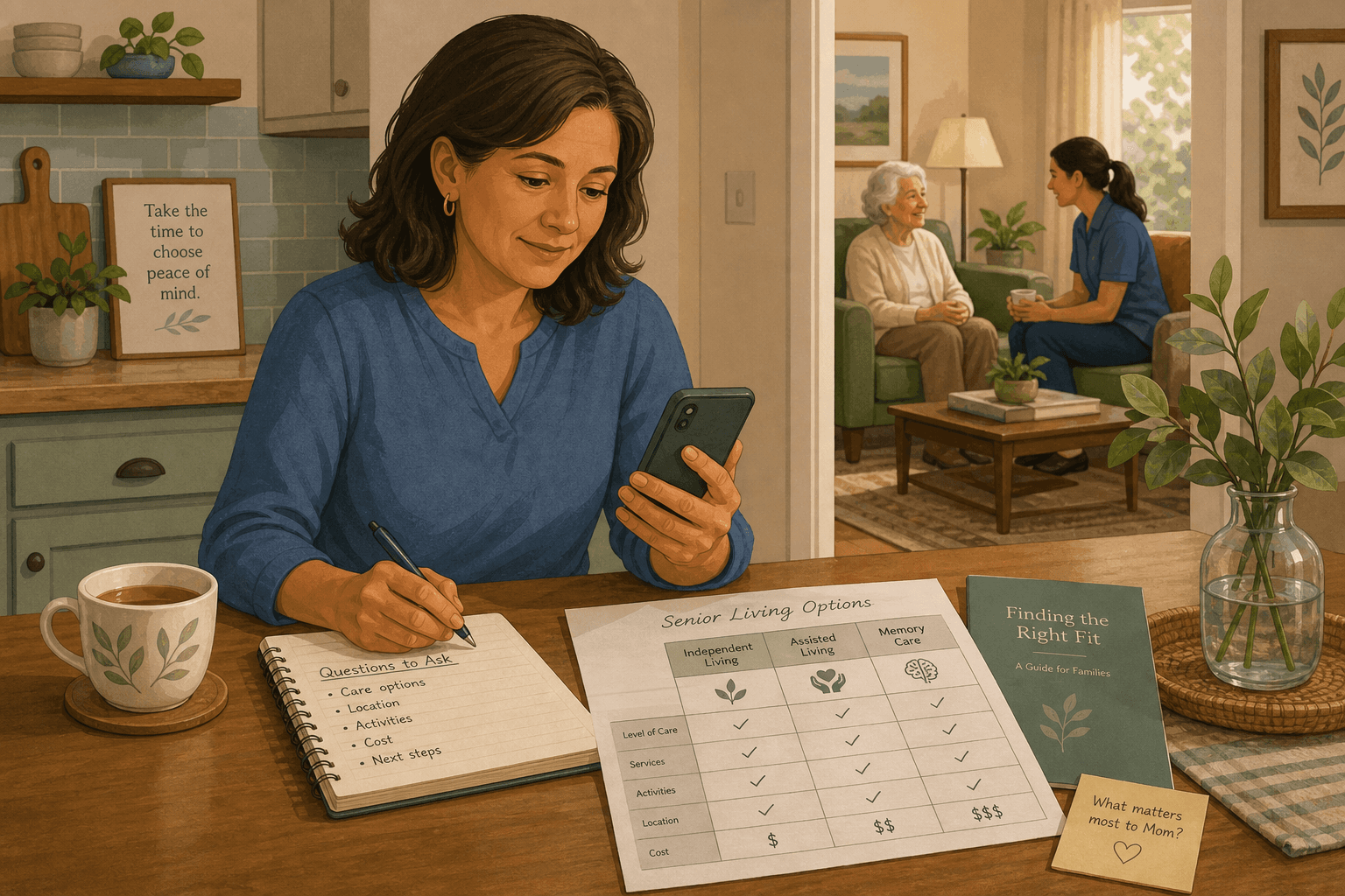 A warm editorial illustration of a middle-aged daughter sitting at a kitchen table reviewing papers on a notepad and phone, with an older parent and caregiver visible through a doorway in the background, in a home with sage green and soft blue tones.