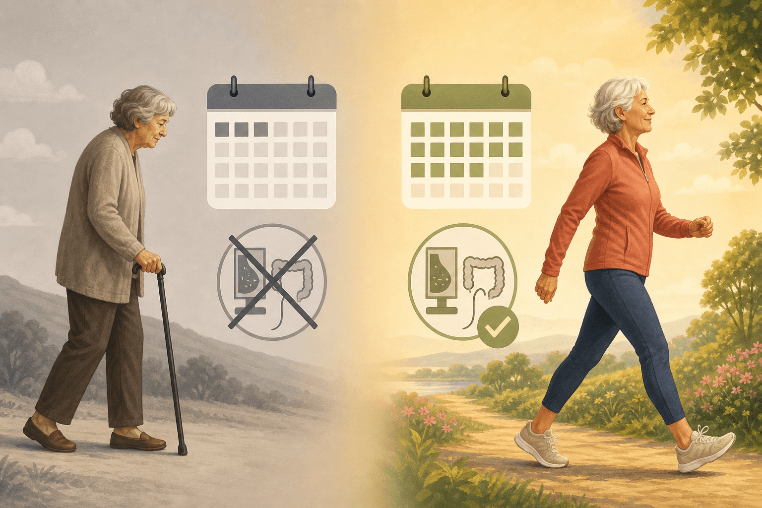A side-by-side editorial illustration comparing frailty and screening benefit. Left: a person with a cane beside a muted calendar and a crossed-out screening icon. Right: an active older adult beside a brighter calendar and a screening icon with a checkmark.