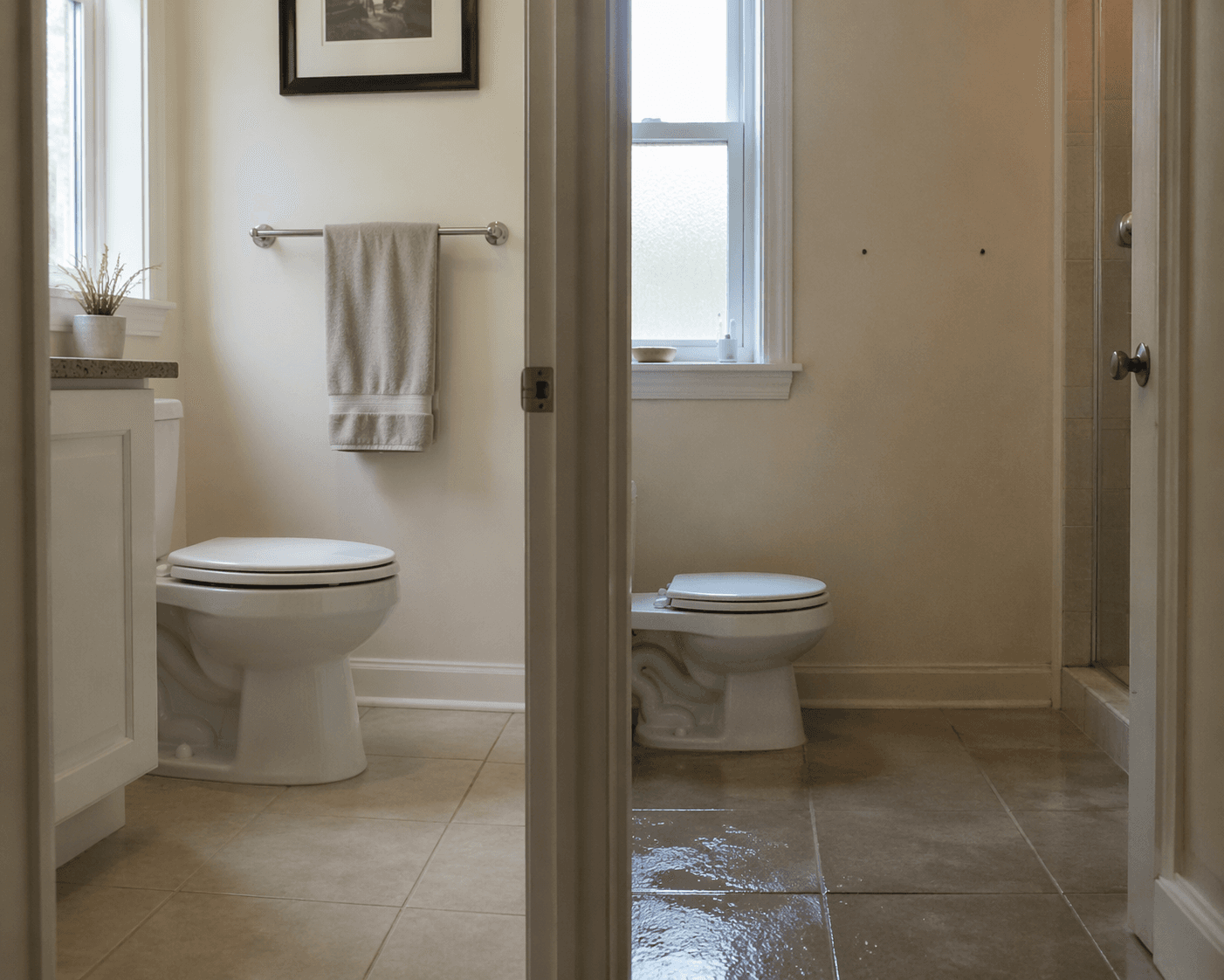 Standard bathroom with subtle fall hazards including a wet-looking floor and no grab bar