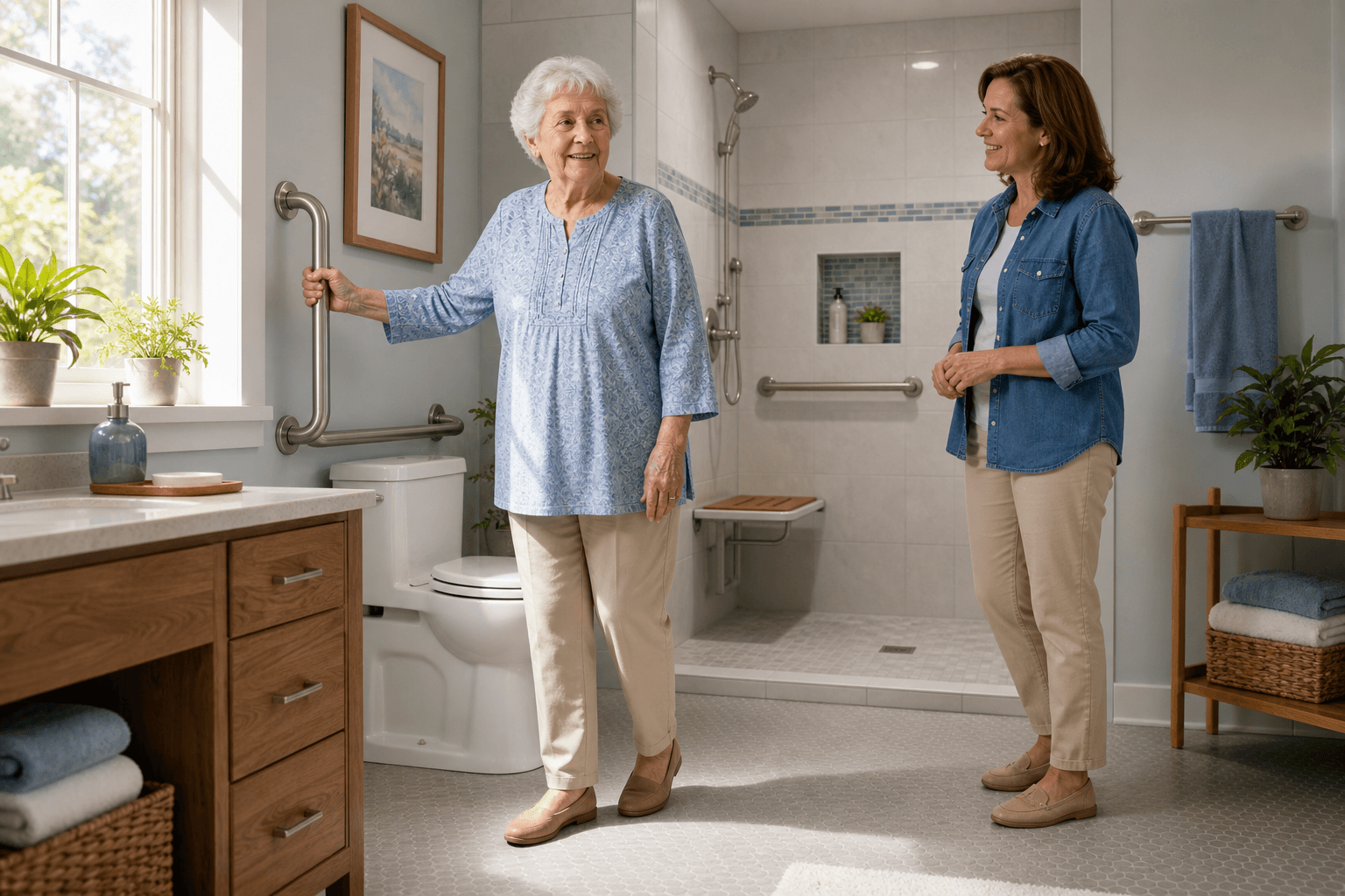 A warm realistic illustration of a bright, modernized bathroom with a walk-in shower, raised ADA-compliant toilet, and non-slip flooring. An older adult steadying themselves with a grab bar, while a middle-aged adult stands nearby with a supportive presence.