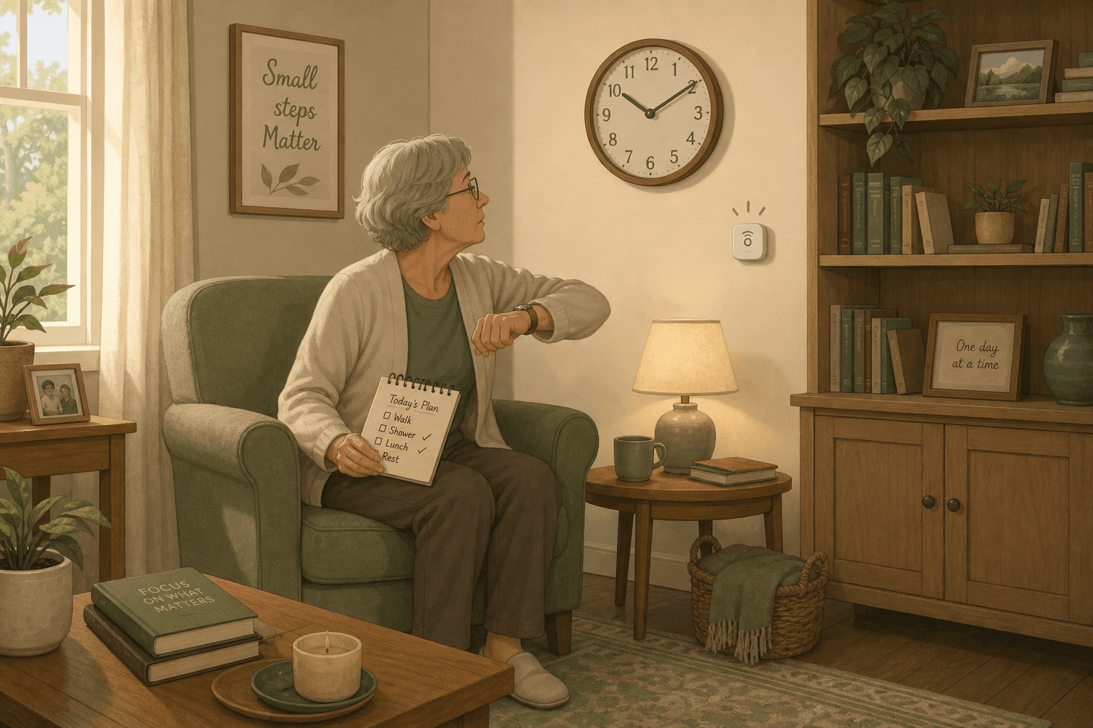 A flat vector illustration of a cozy living room with an older adult sitting in an armchair glancing at a wall clock with a slightly tense expression. A small sensor icon is visible on the wall.