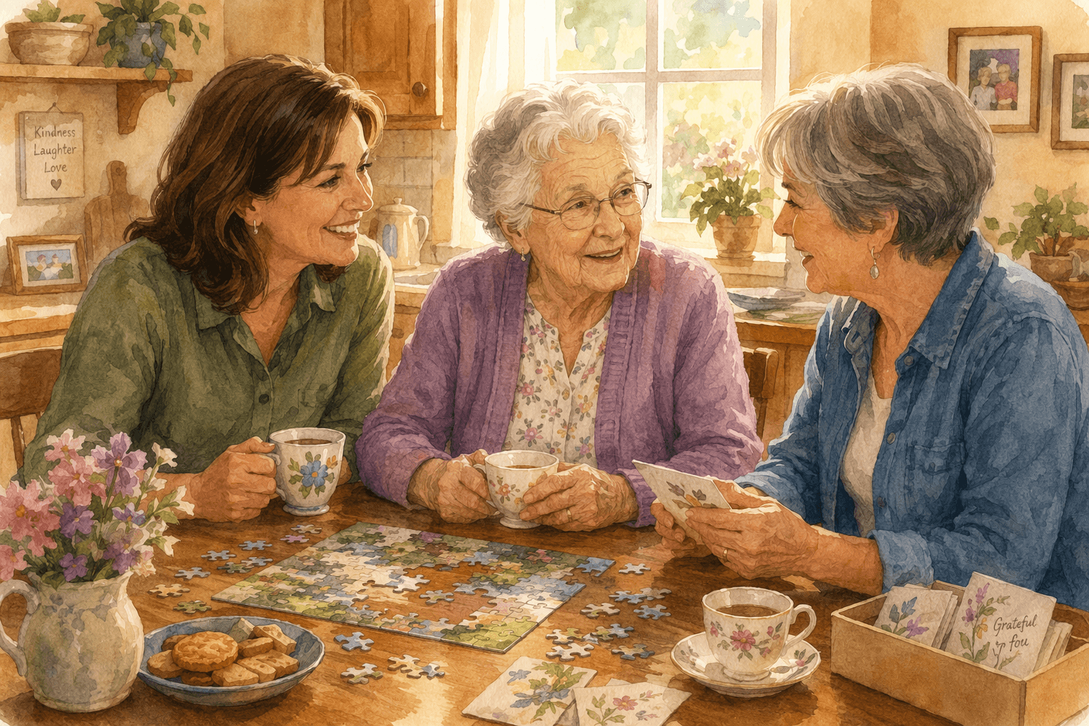 A warm digital-illustration kitchen scene with soft window light, showing a middle-aged adult daughter and a casually dressed female companion sitting at a wooden table with an elderly mother, sharing tea and a puzzle or card game; no medical equipment or uniforms visible.