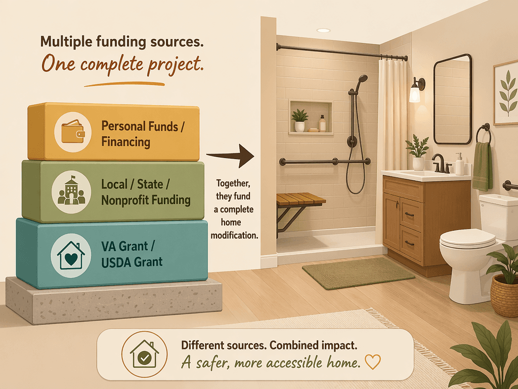 Stacking illustration showing three layers beneath a bathroom renovation: bottom layer 'VA Grant / USDA Grant' in soft teal, middle layer 'Local / State / Nonprofit Funding' in warm sage green, top layer 'Personal Funds / Financing' in muted gold. Clean flat vector style.