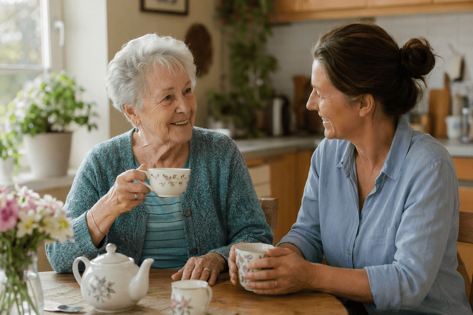 An older woman and a middle-aged caregiver share tea and a warm smile at a kitchen table, with soft natural light streaming through a nearby window.