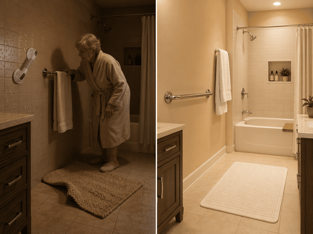 Split comparison showing unsafe bathroom modifications on the left (suction-cup grab bar, towel bar used as grab bar, throw rug) and correct OT-recommended safety on the right (anchored grab bar, non-slip mat, bright lighting).