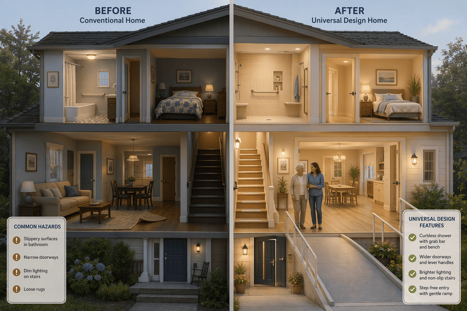 A split cross-section illustration of a two-story home. The left half shows conventional home features including a bathtub without grab bars, narrow doorway, dark stairs, and a loose rug. The right half shows universal design modifications including a curbless shower with grab bar and bench, wider doorways, lever handles, bright lighting, non-slip stair treads, and a ramp at the entry. An adult child and older parent stand together in the modified area.