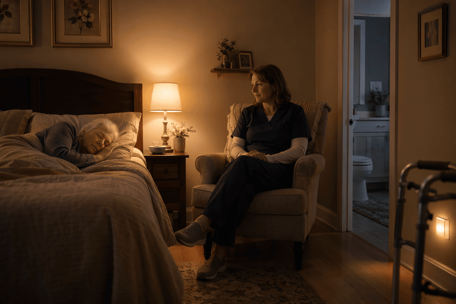A warm amber-lit bedroom at night where a middle-aged female caregiver sits alert in an armchair beside a bed, watching over a senior with silver hair sleeping peacefully. A walker and nightlight are visible, and the room feels safe and serene.