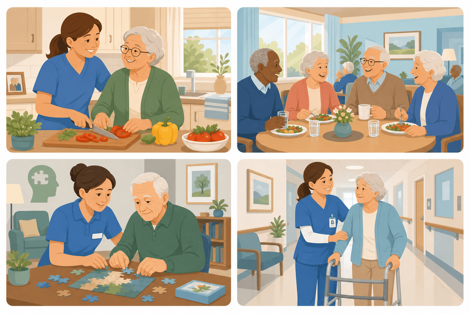 A flat vector illustration split into four panels comparing elderly care types: home care, assisted living, memory care, and nursing home settings.