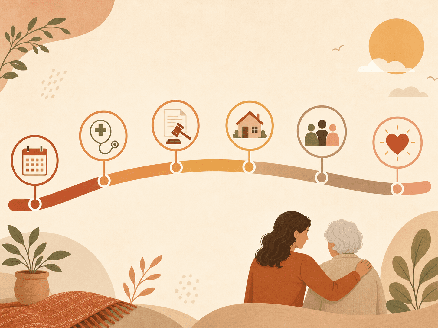 A gently curving horizontal timeline on a cream background, divided into segments marked with icons: a calendar, a medical cross, a legal document, a house silhouette, a group of people, and a heart. Warm earth tones throughout.