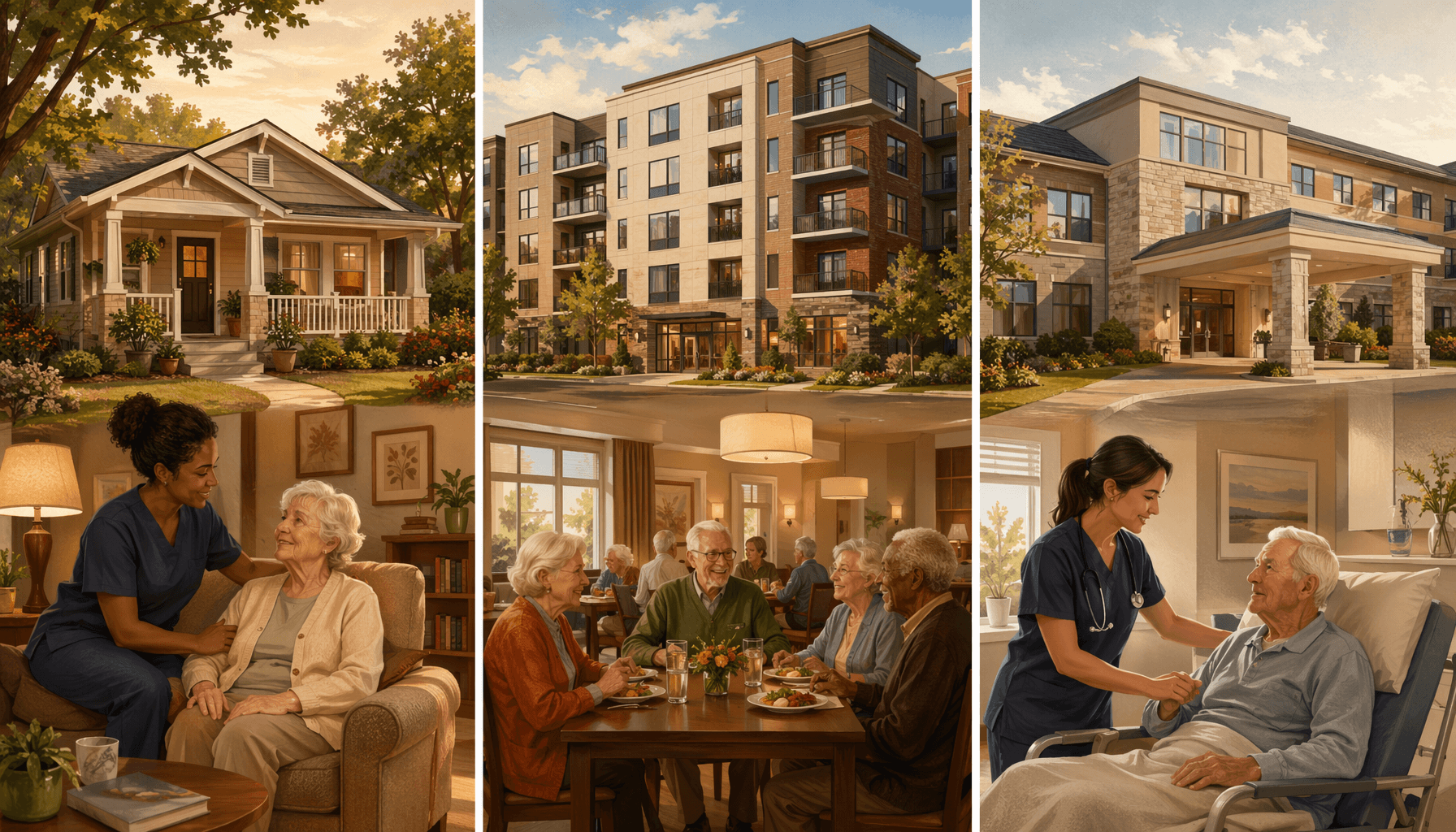 A three-panel editorial illustration showing side-by-side senior residential settings: a cozy living room in a small converted house with a caregiver assisting a resident, a dining room in a modern apartment-style assisted living community with seniors socializing, and a clean clinical room in a skilled nursing facility with nursing staff attending to a resident, all rendered in warm earth tones with natural light.