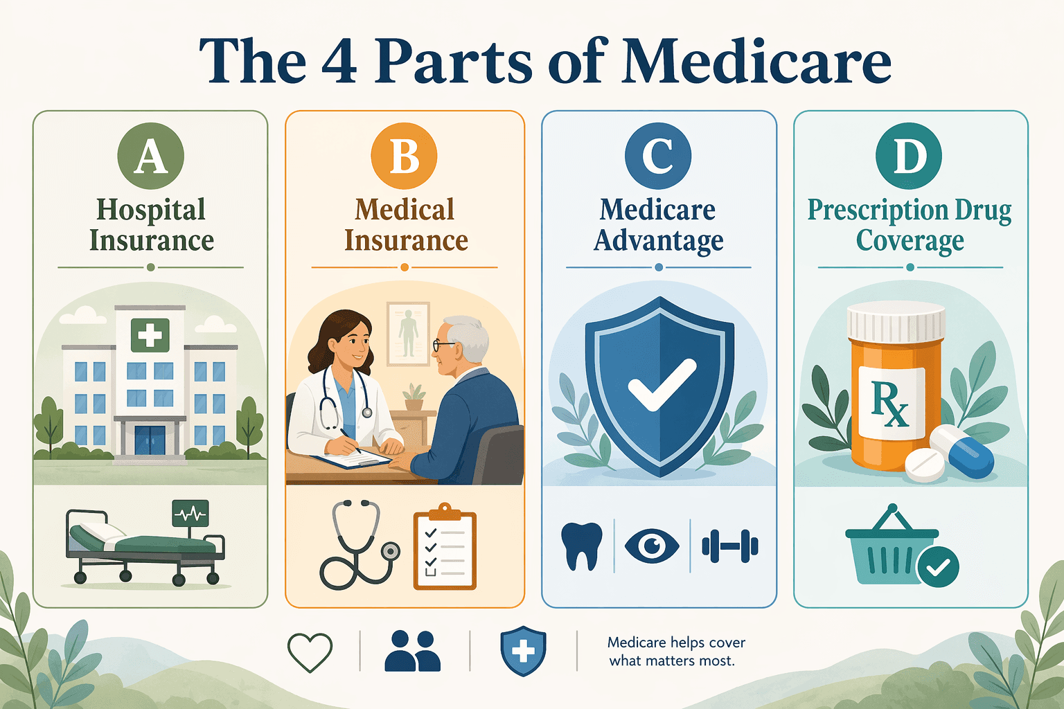 Four clean panels in sage green, amber, soft blue, and light teal, each labeled with a Medicare part: Part A with a hospital icon, Part B with a doctor visit icon, Part C with a shield icon, and Part D with a prescription bottle icon.