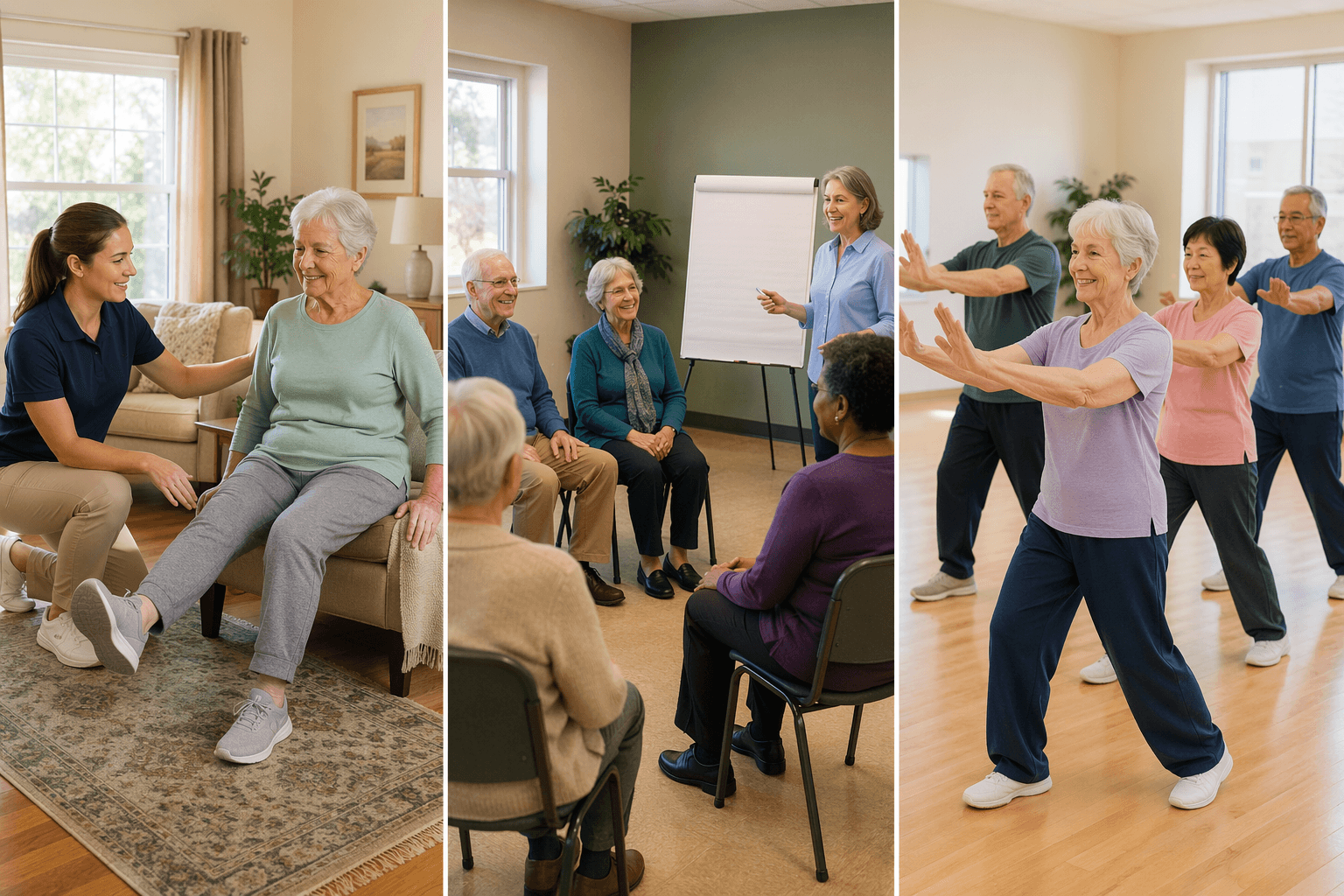 Three panels showing a home physical therapy visit, a group workshop in a community center, and a gentle balance exercise class.