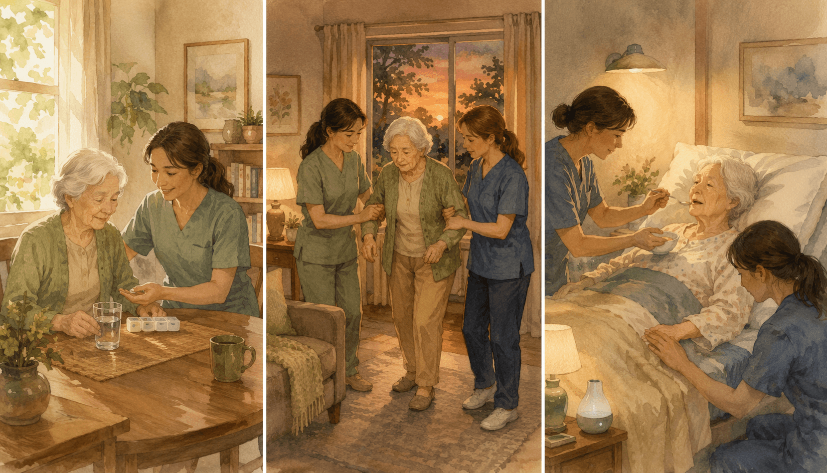 A triptych illustration showing three stages of dementia home care: one caregiver offering companionship in a sunlit room, two caregivers assisting with walking in evening light, and a caregiver providing full bedside care in a bedroom.