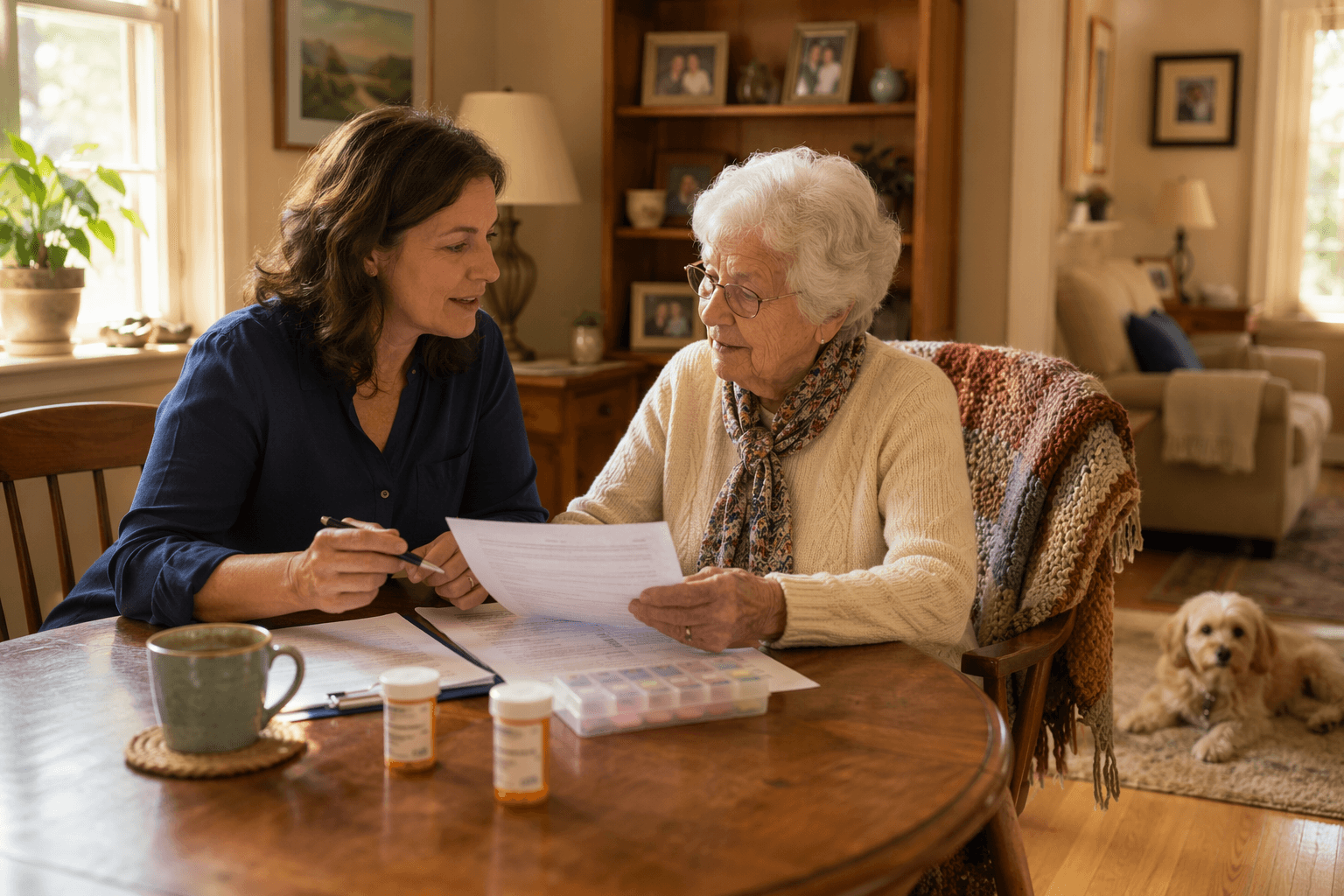 A warm sunlit living room scene where a female live-in caregiver sits beside an elderly woman at a wooden table, reviewing papers together.