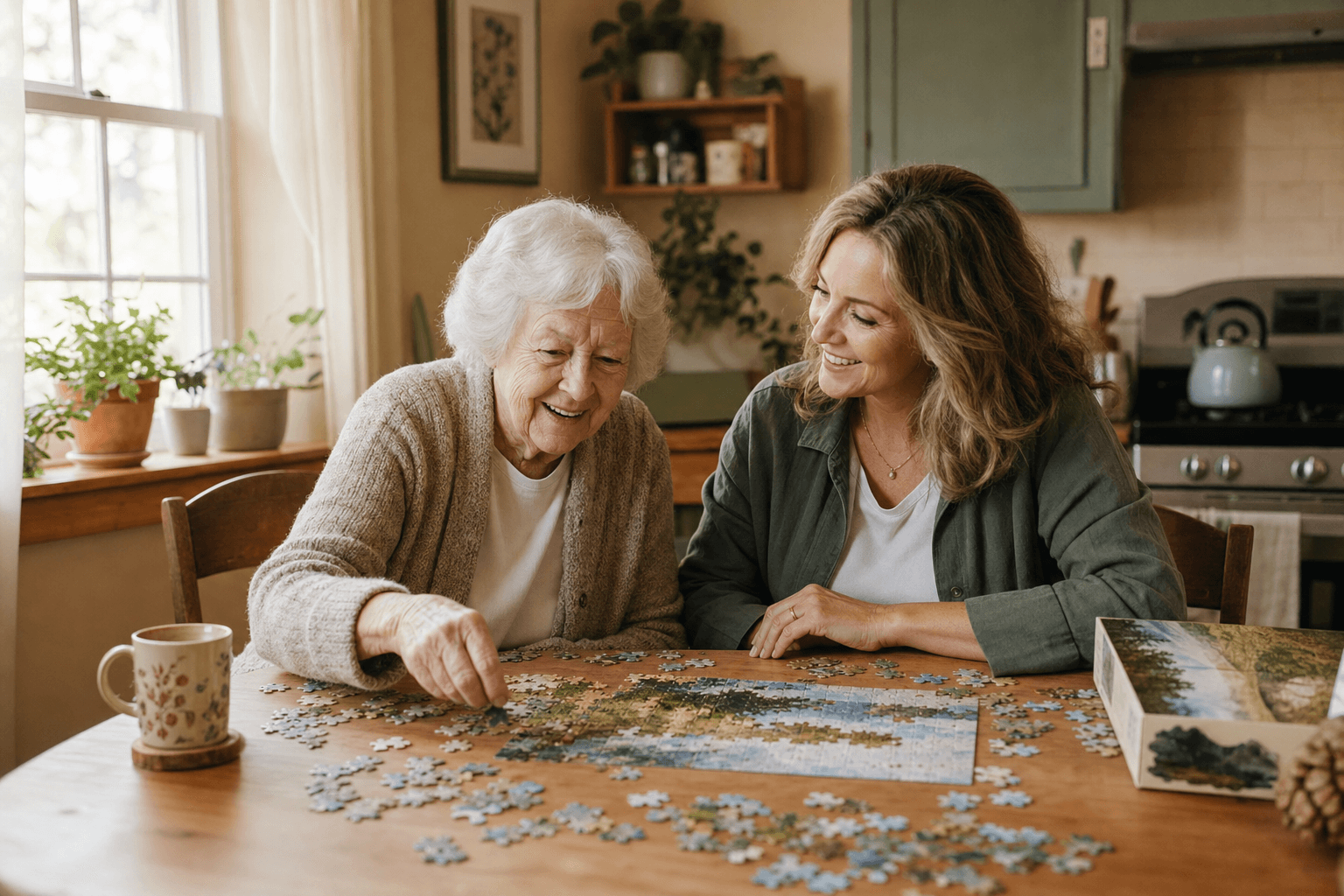 A senior woman and a companion caregiver sit at a kitchen table doing a jigsaw puzzle together in warm natural light.